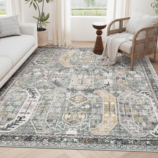 4x6 Non-Slip Washable Rug for Living Room & Bedroom, Stain Resistant & Lightweight (Green/Gold)