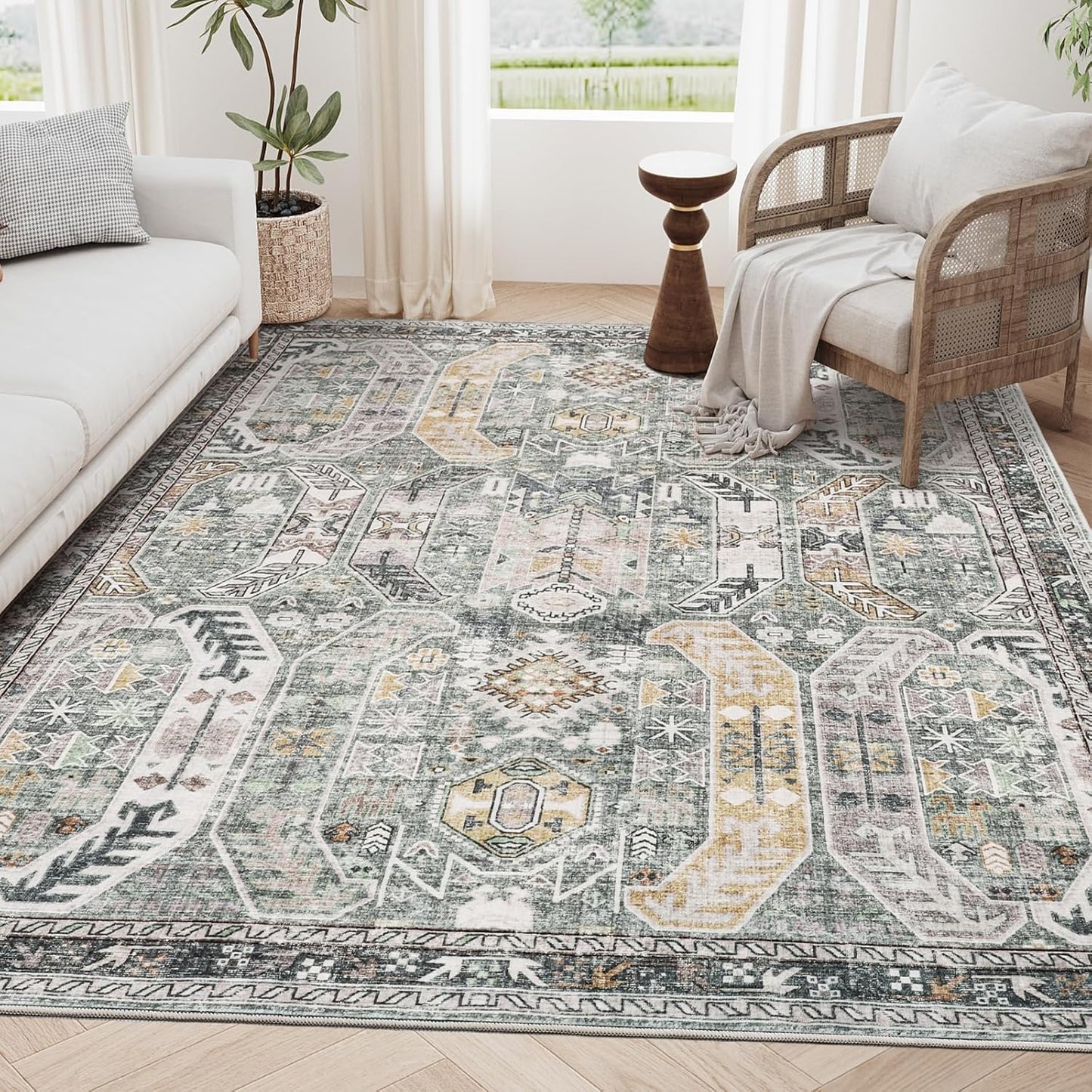 4x6 Non-Slip Washable Rug for Living Room & Bedroom, Stain Resistant & Lightweight (Green/Gold)