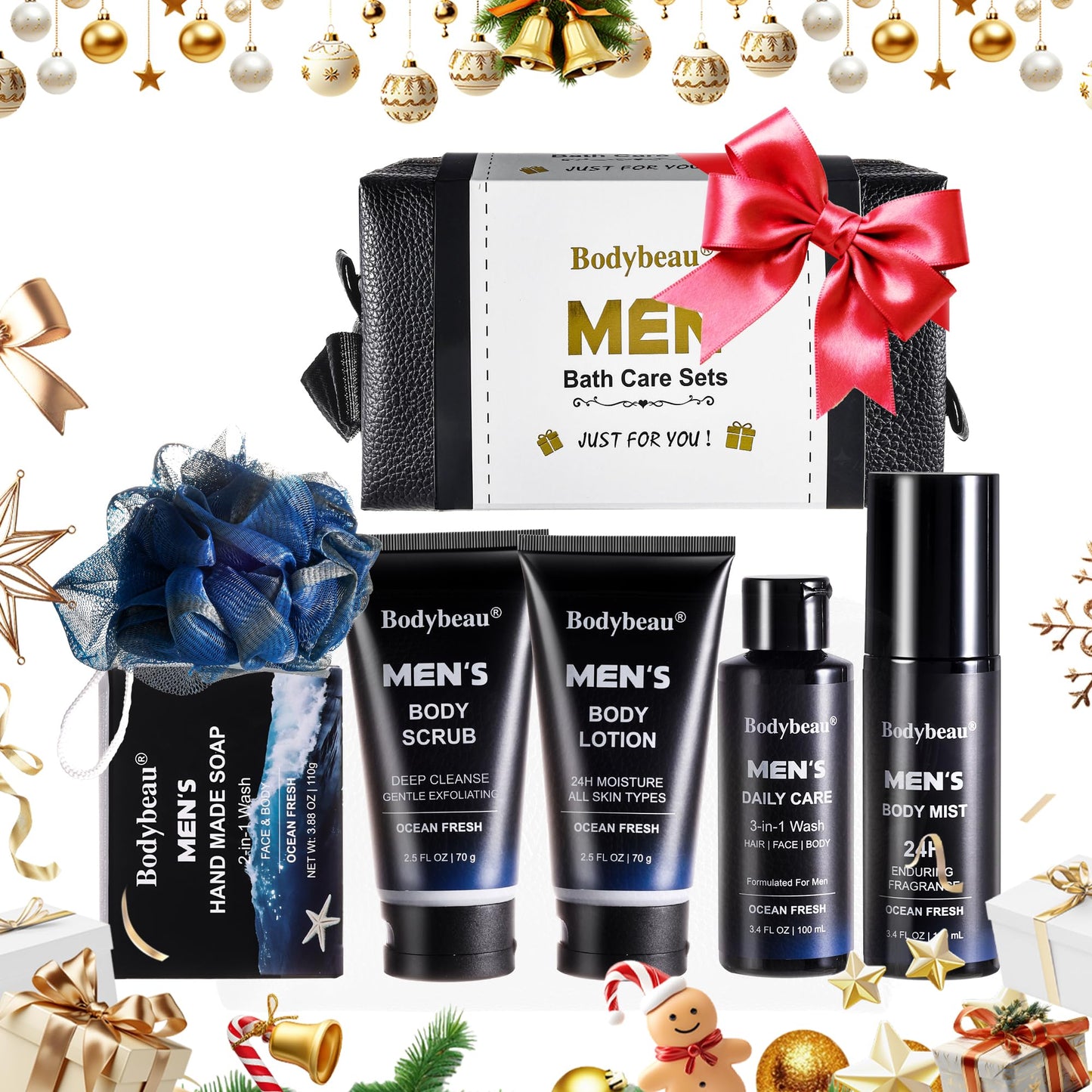 Men's 7-Piece Bath and Body Spa Gift Set with Travel Bag - Ocean Fresh Scent