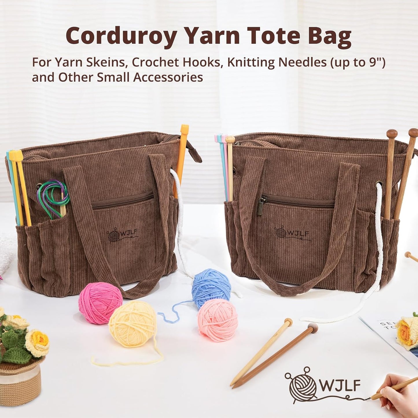 Corduroy Crochet Tote & Yarn Organizer, 4 Grommets, 8 Hook Slots, 4 Inner & 4 Outer Pockets, Zipper Top, 10.5" x 6.5" x 9.5", 1.32 gal/5 L, Vintage Metal Accents