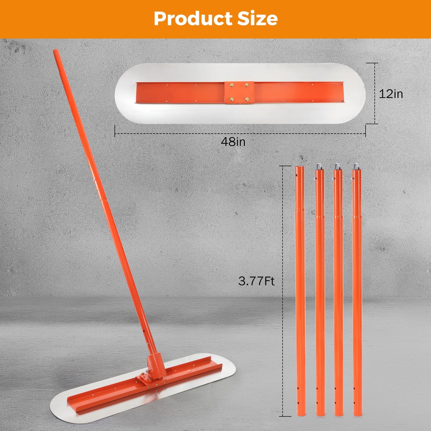 Bull Float Concrete Finishing Tool Kit - 48" x 12" Stainless Steel Trowel with 181" (459.7 cm) Adjustable Extension Handle and Heavy Duty Aluminum Rods