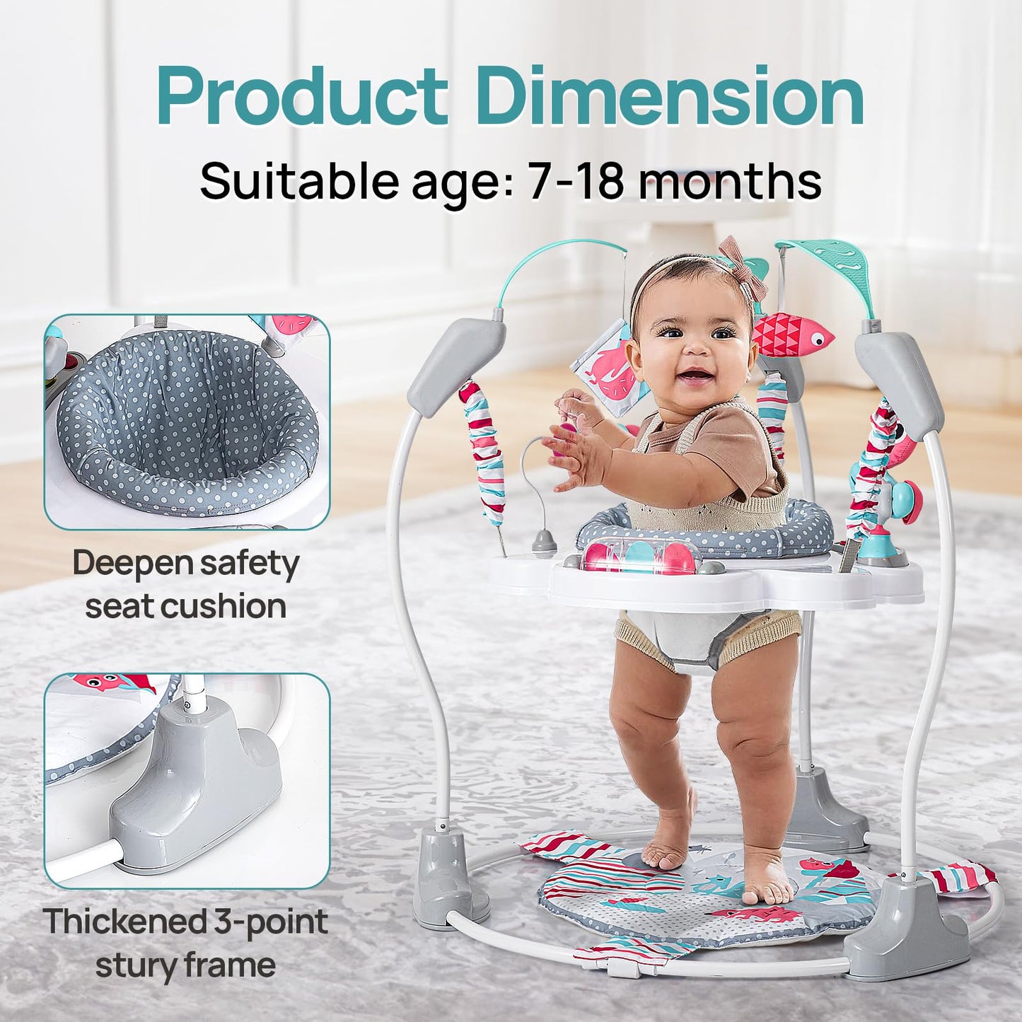 Portable Baby Activity Center Play Center for 7-18 Months with 360° Rotating Seat, 3 Height Settings, Interactive Developmental Toys