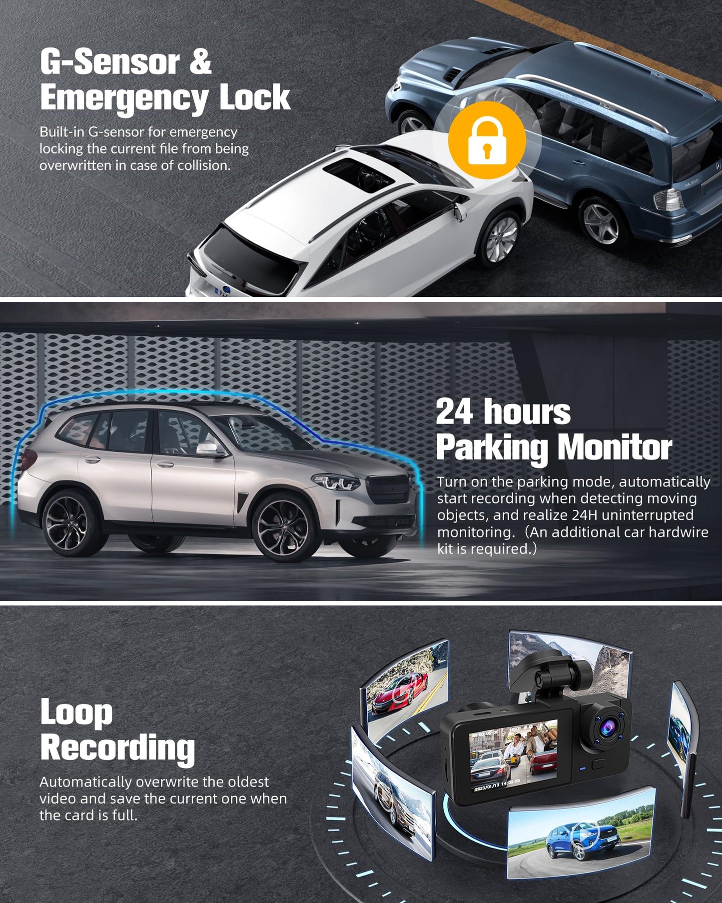 4K Full UHD 3-Channel Dash Camera for Cars, Front Rear Interior Recording, 32GB Card, Super Night Vision, 2.0 in IPS Screen, 170° Wide Angle