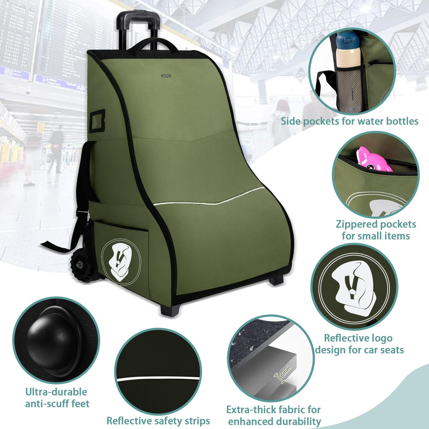 Rolling Car Seat Travel Bag with Wheels and Backpack Straps, Green – Fits Convertible and Booster Seats