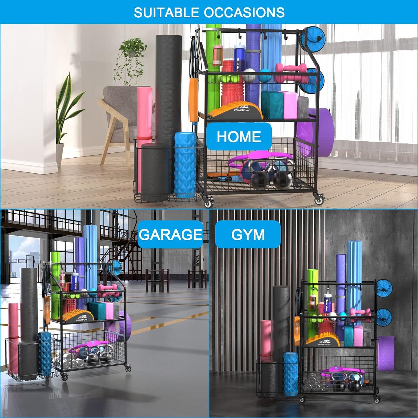 Maximize Your Workout Space with Durable Gym Storage Rack - Holds Dumbbells, Kettlebells, Yoga Mats, and More with Wheels for Easy Mobility
