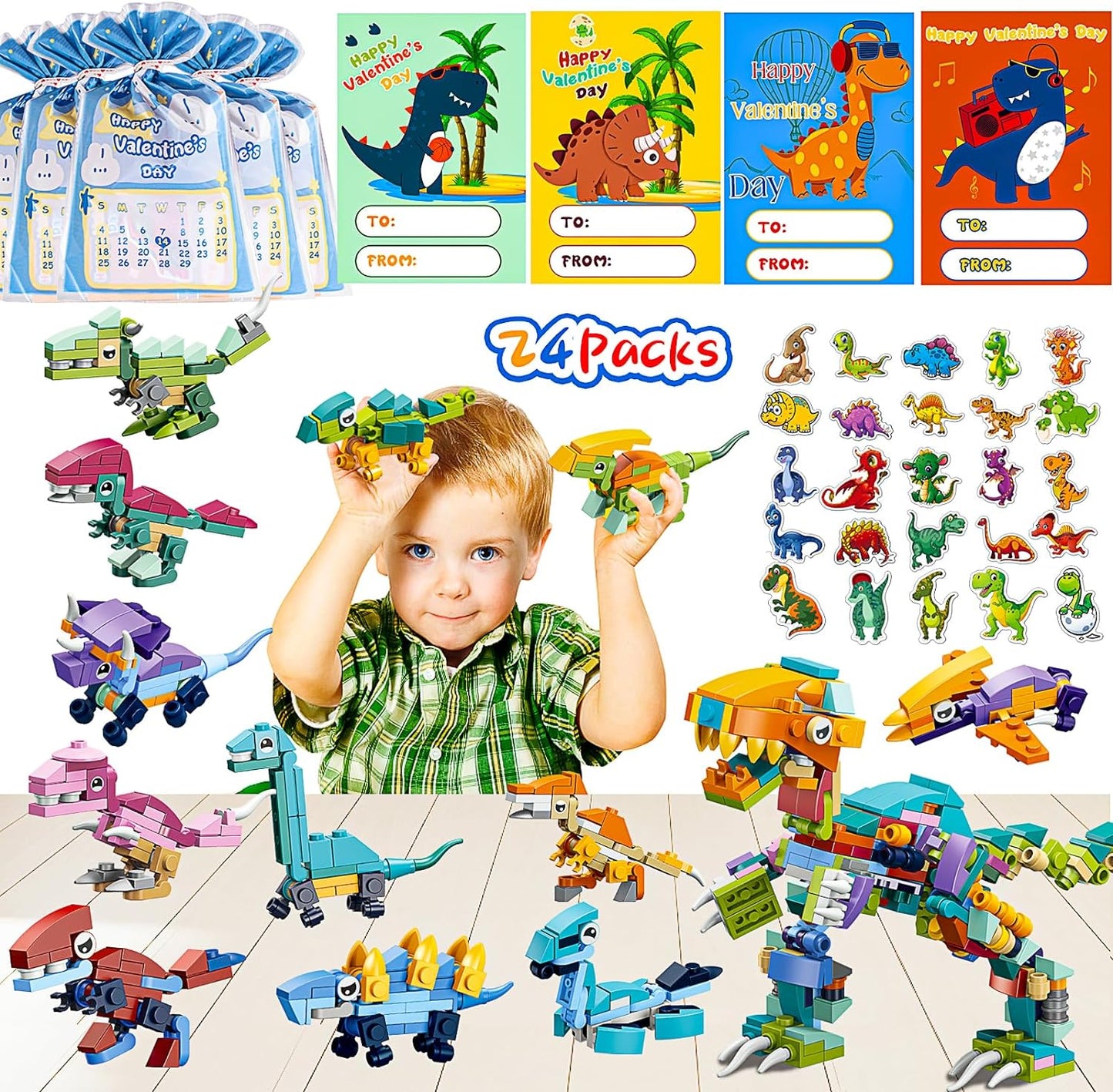 Valentine's Day Dinosaur Building Blocks for Kids: 24-Pack with Cards & Stickers