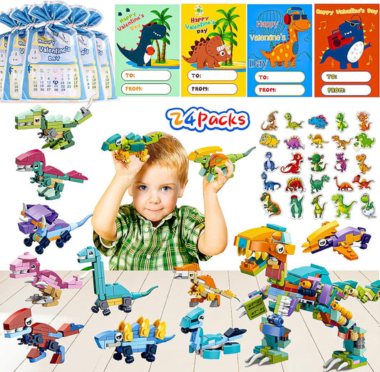 Valentine's Day Dinosaur Building Blocks for Kids: 24-Pack with Cards & Stickers