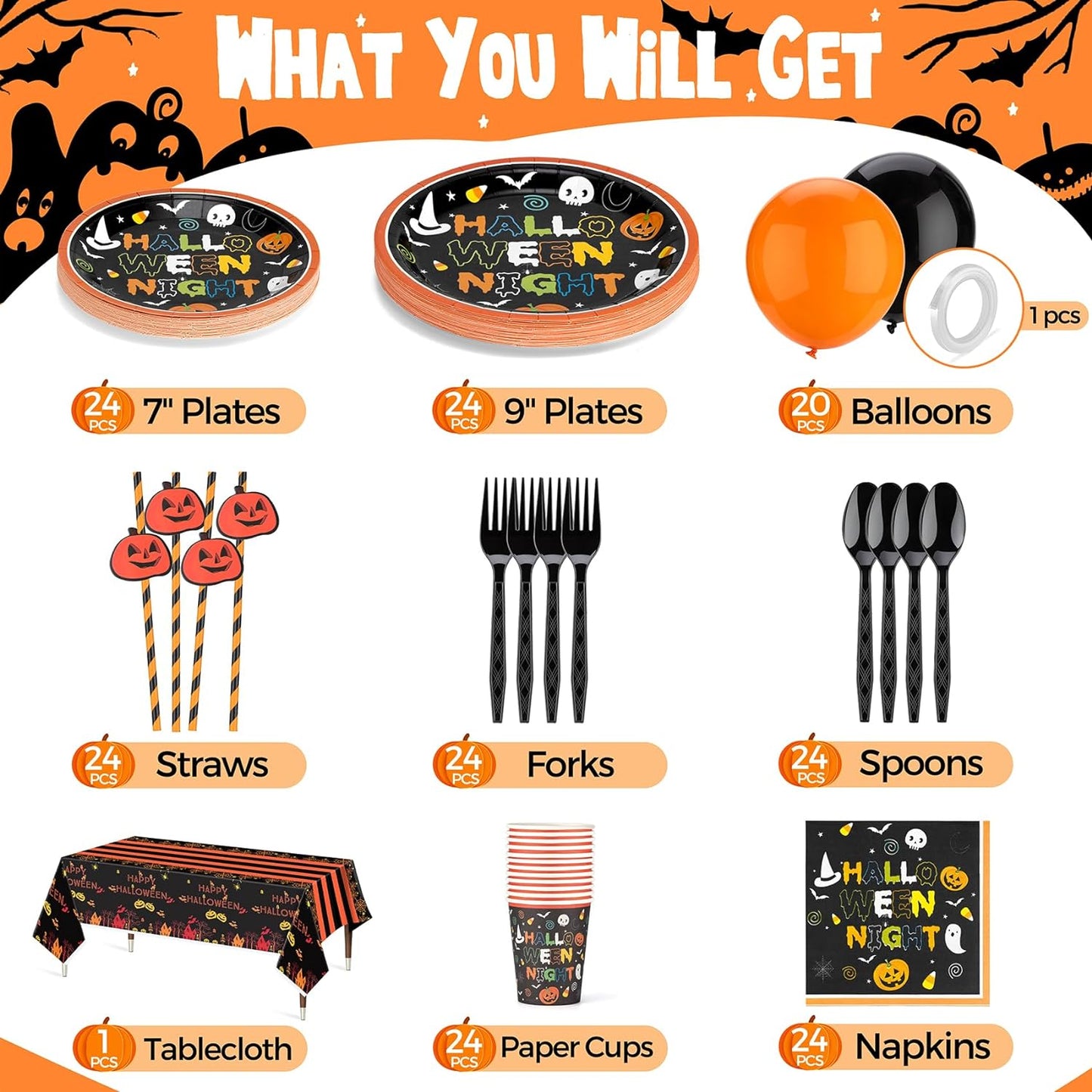 Ultimate 189pc Halloween Party Set: Plates, Napkins, Cups, Decor & More – Serves 24