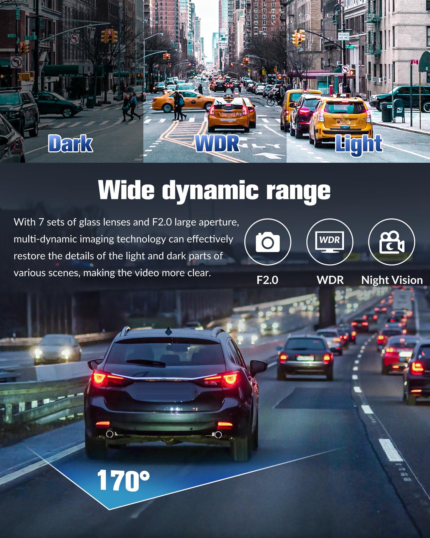 4K Full UHD 3-Channel Dash Camera for Cars, Front Rear Interior Recording, 32GB Card, Super Night Vision, 2.0 in IPS Screen, 170° Wide Angle