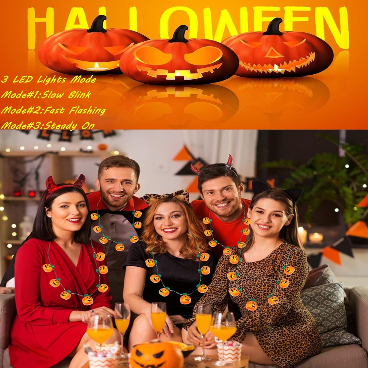 4pk Light Up Halloween Pumpkin Jack-O-Lantern Glow In The Dark Necklaces