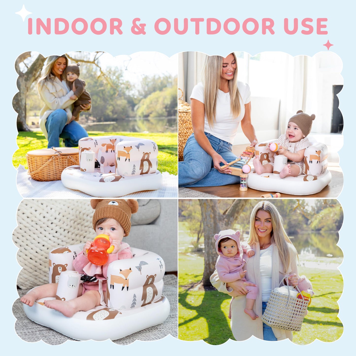 Inflatable Baby Chair with Safety Harness, Built-In Pump & Non-Slip Base, Infant Sit Up Seat for 3-36 Months, Portable Travel Seat, Easy to Clean