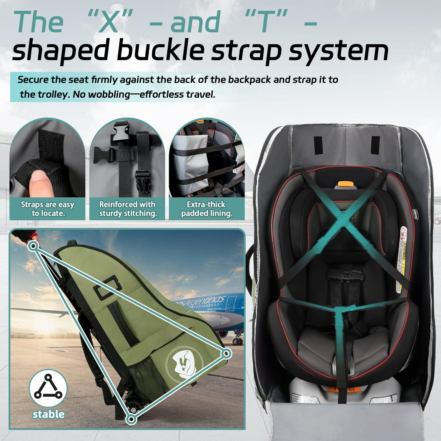 Rolling Car Seat Travel Bag with Wheels and Backpack Straps, Green – Fits Convertible and Booster Seats
