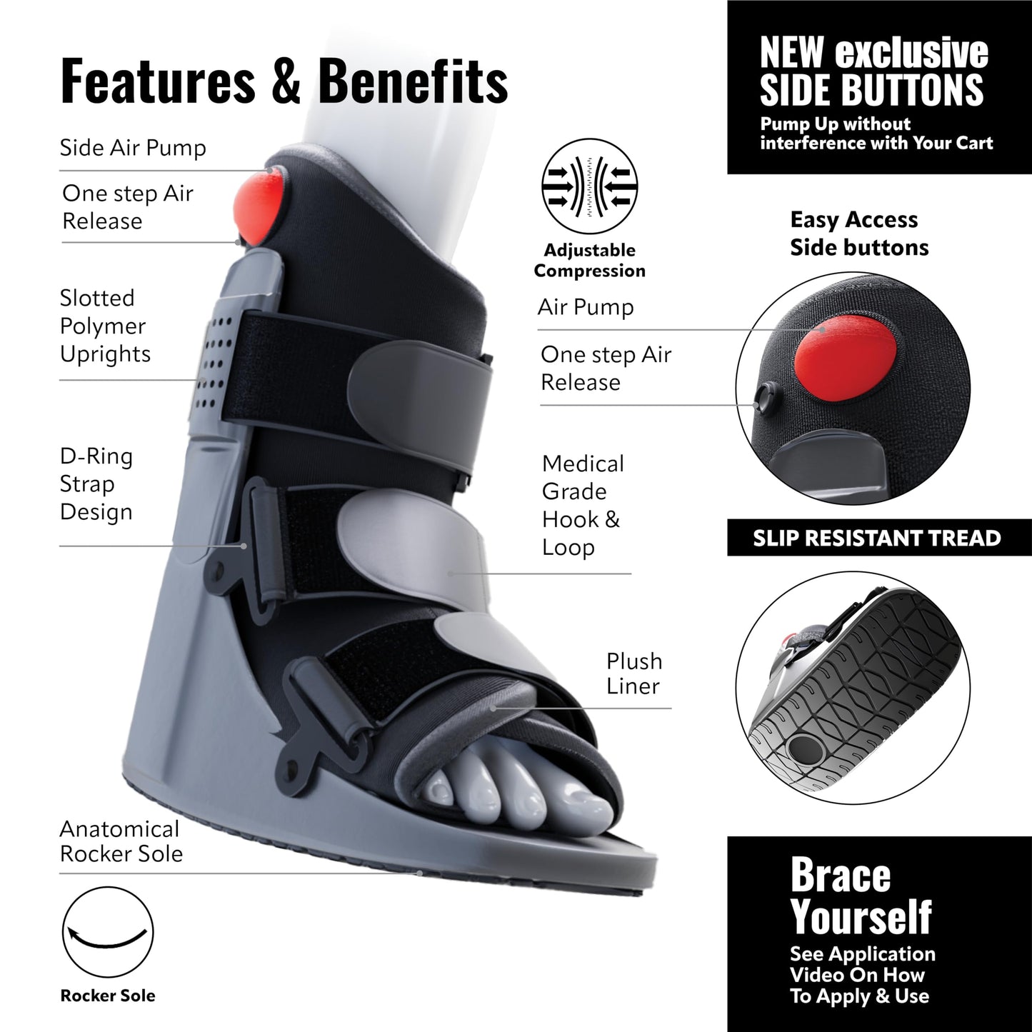 Side Pump Fracture Boot - Medical Grade Air Cam Walker for Sprains and Post-Op Recovery - Large