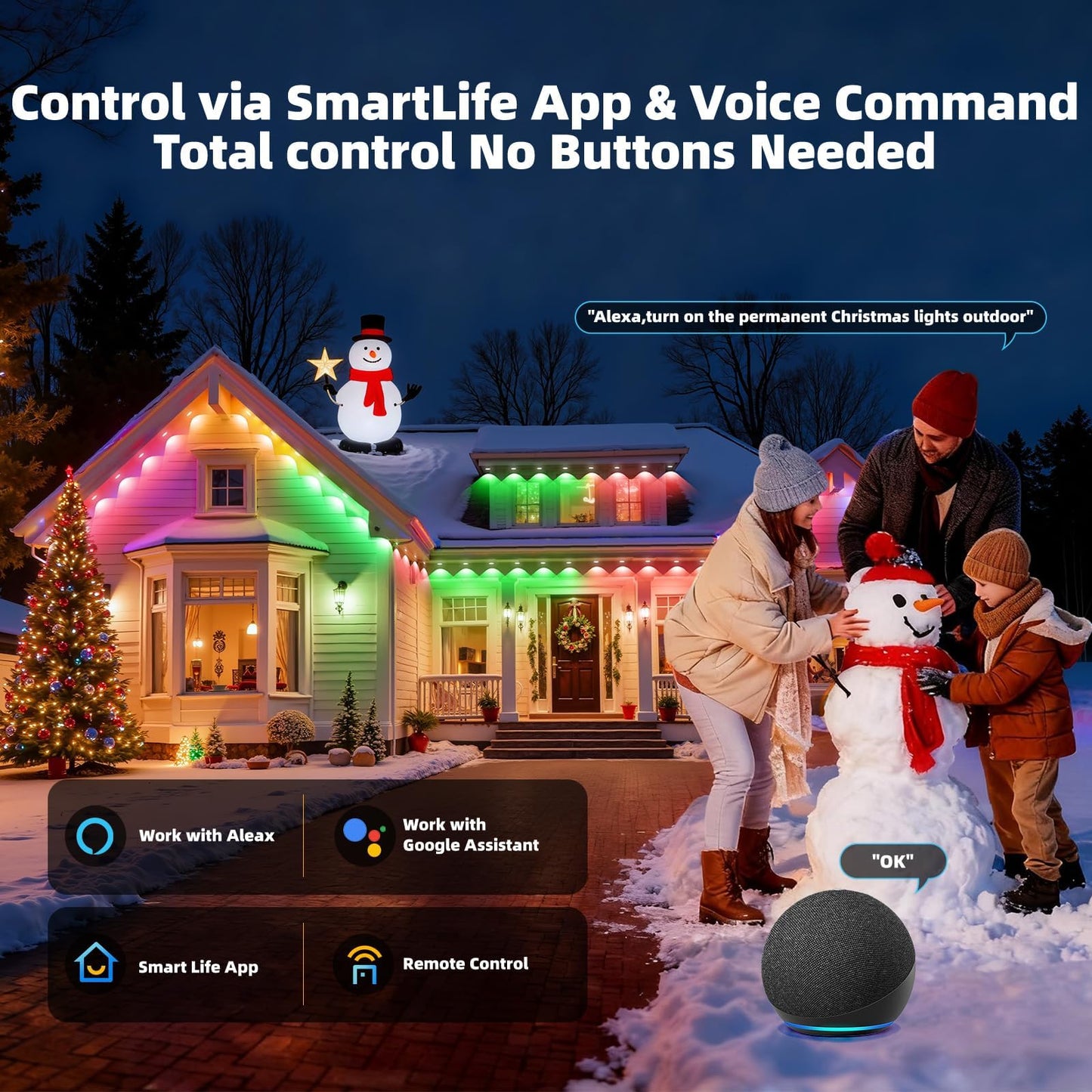 150ft Permanent Outdoor Lights with 72 RGB+IC Smart LED Eave Lighting, IP67 Waterproof, Works with Alexa and Google Assistant