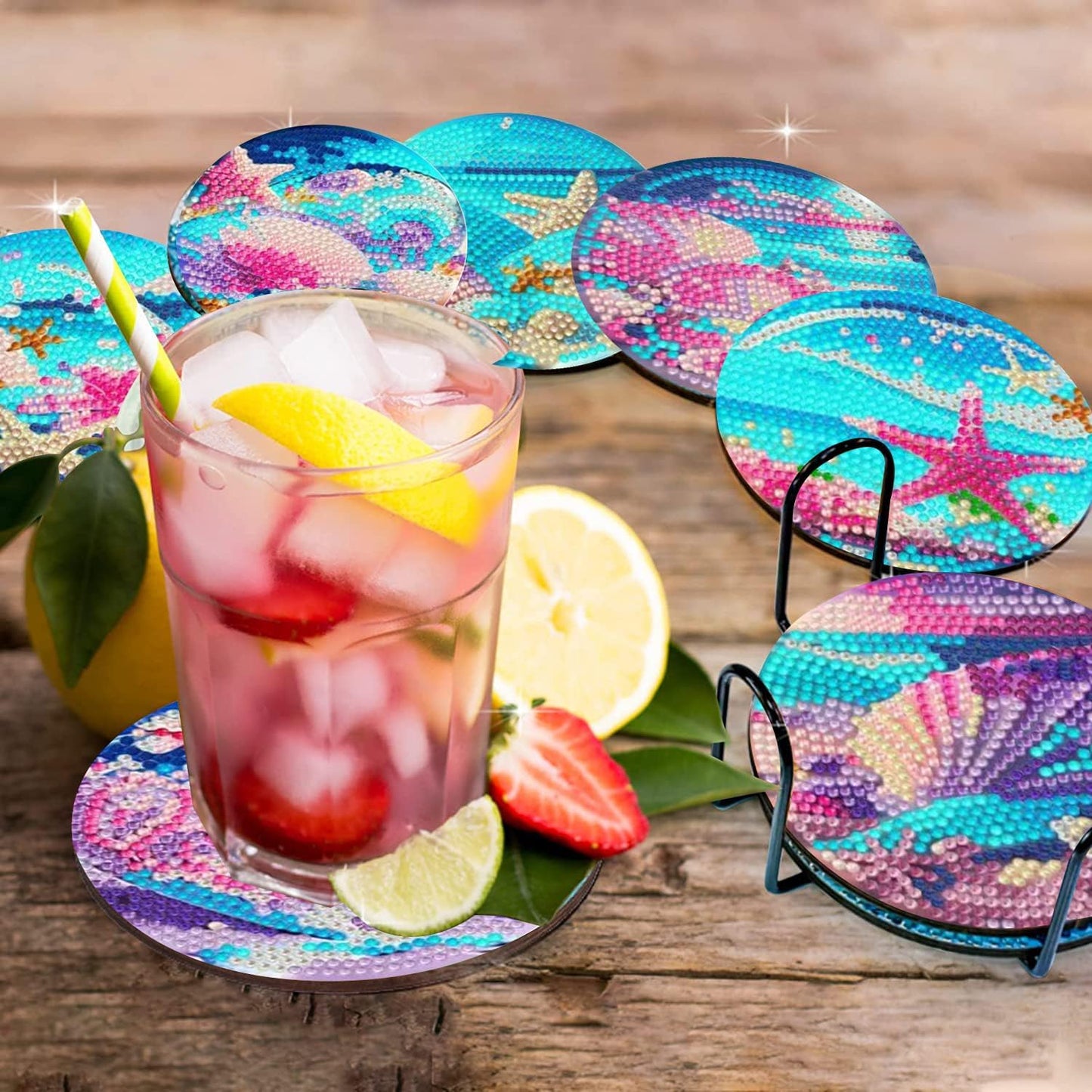 8pk Beach Shell Landscape Diamond Painting Coasters Beginners Kit w/ Holder