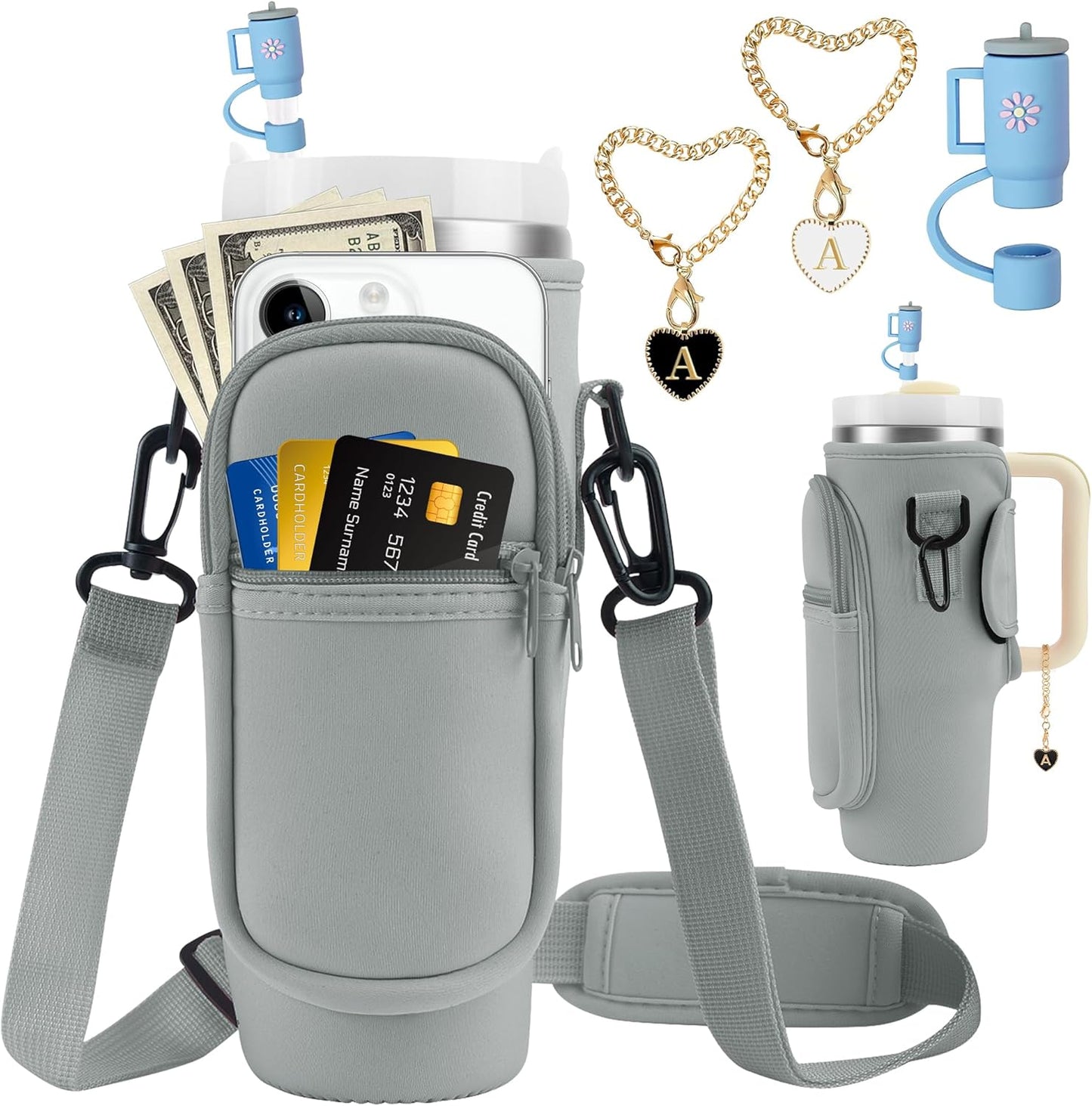 Stylish Water Bottle Carrier for Stanley Cup 40oz with Phone Pocket & Keychain Accessories