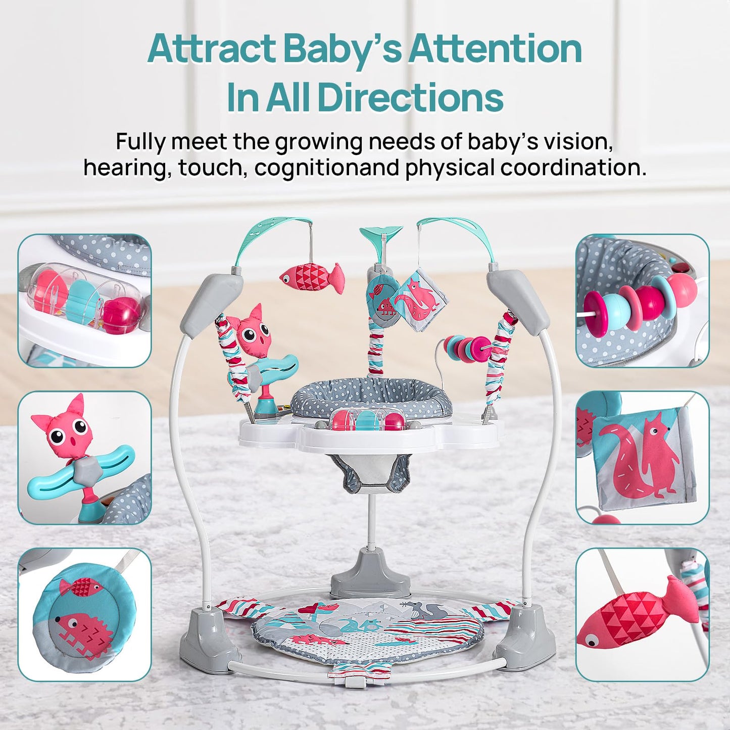 Portable Baby Activity Center Play Center for 7-18 Months with 360° Rotating Seat, 3 Height Settings, Interactive Developmental Toys