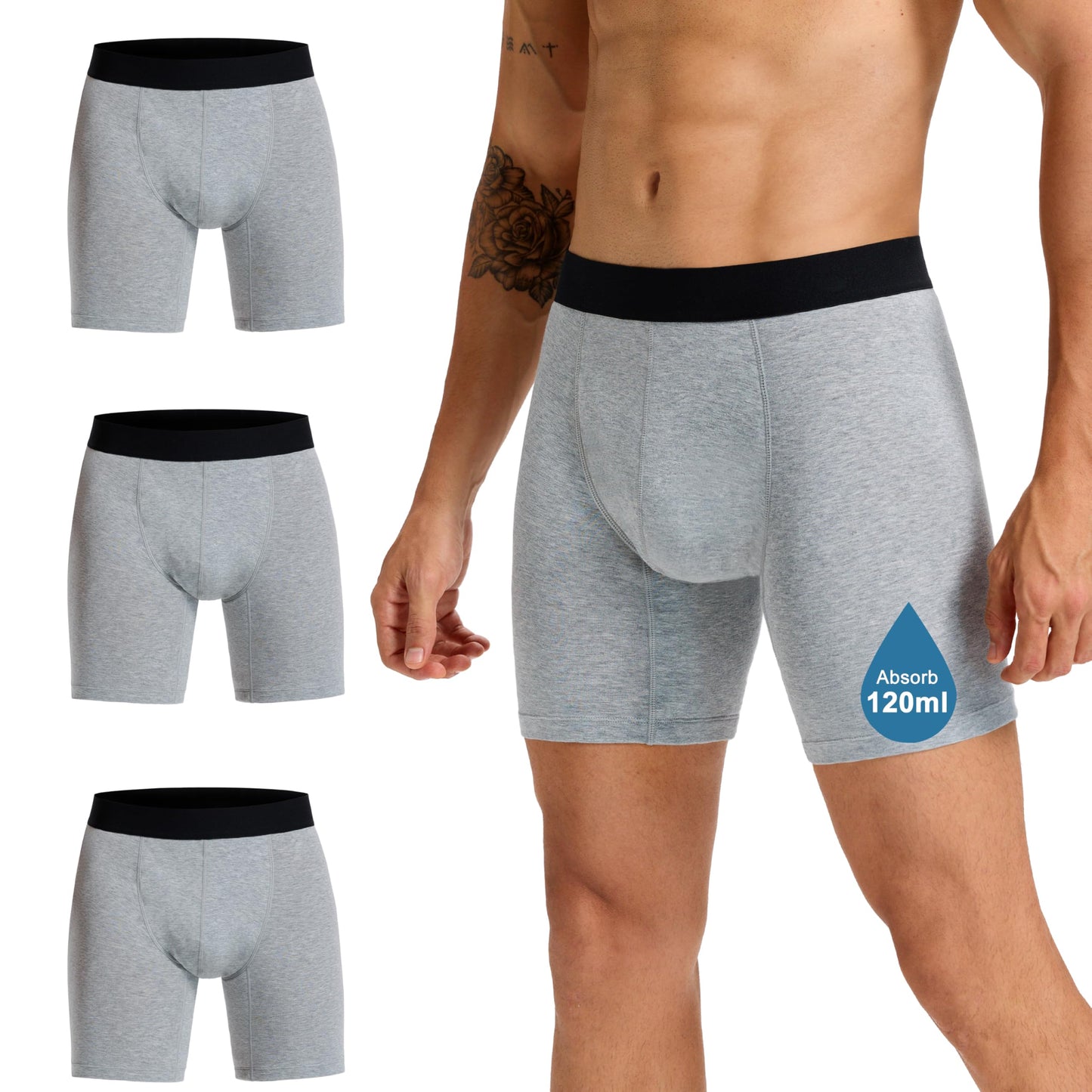 Men's Washable Incontinence Underwear, 120ml Absorbent Leak Proof Briefs, 3 Pack, Grey, XL