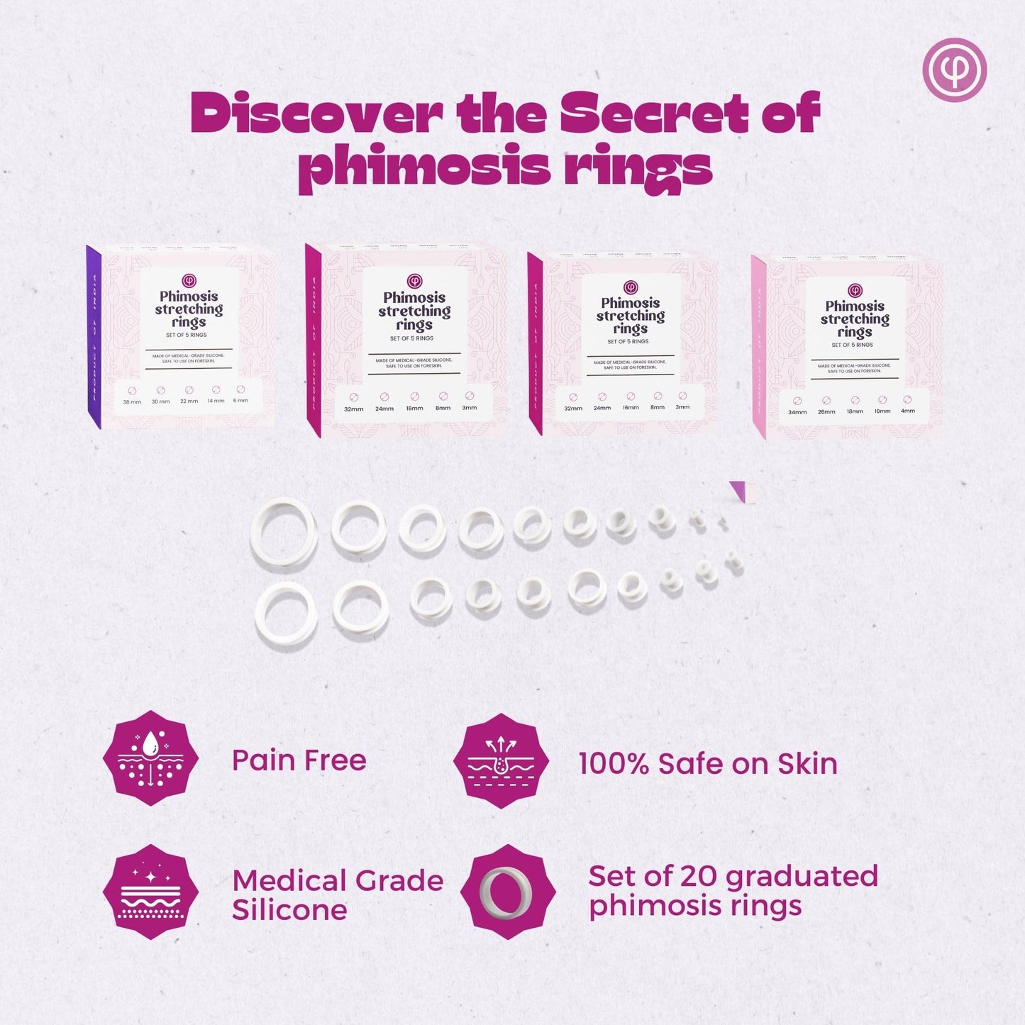 Phimosis Stretching Rings Kit with 20 Graduated Rings and Relief Cream