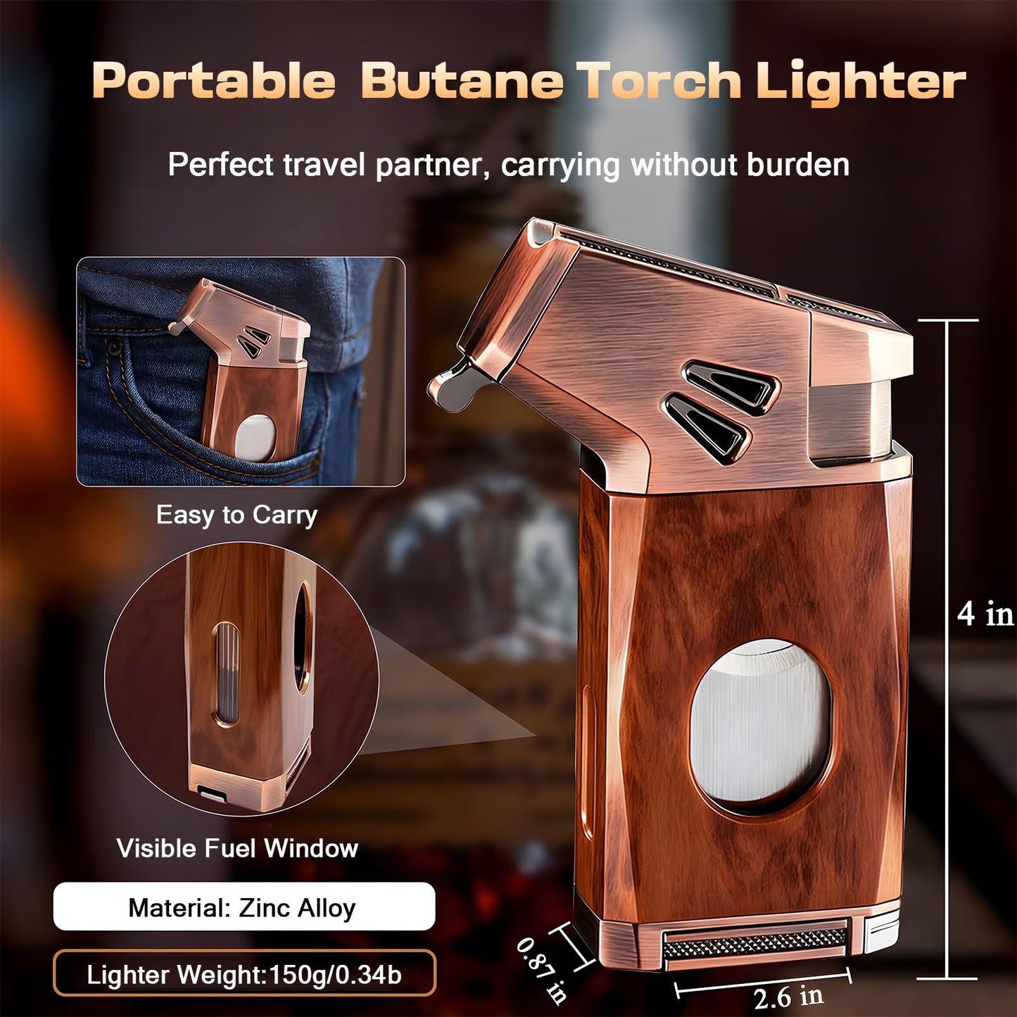5-in-1 Refillable Butane Torch Lighter with Built-in Cutter, Punch, Holder, and Draw Enhancer - Windproof Jet Flame
