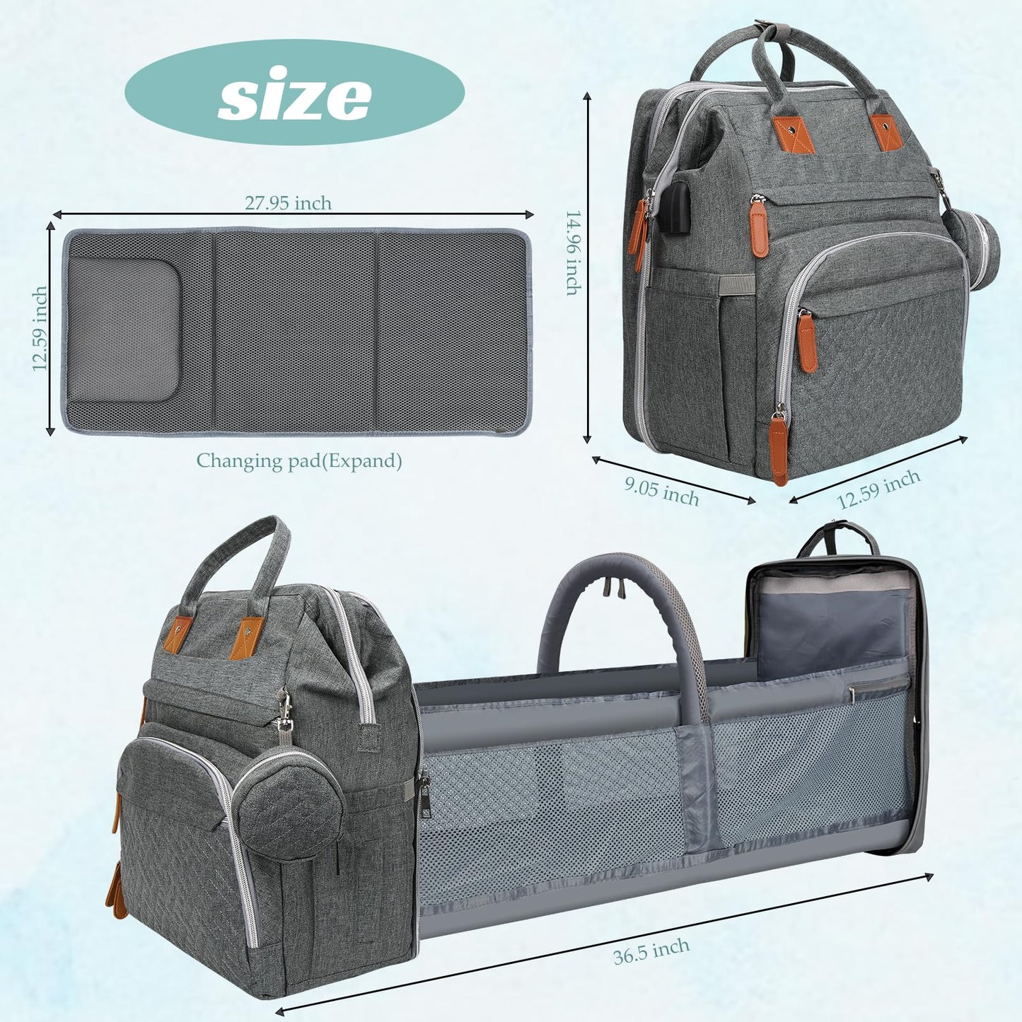 Diaper Bag Backpack with Changing Pad and Insulated Bottle Holders - Grey