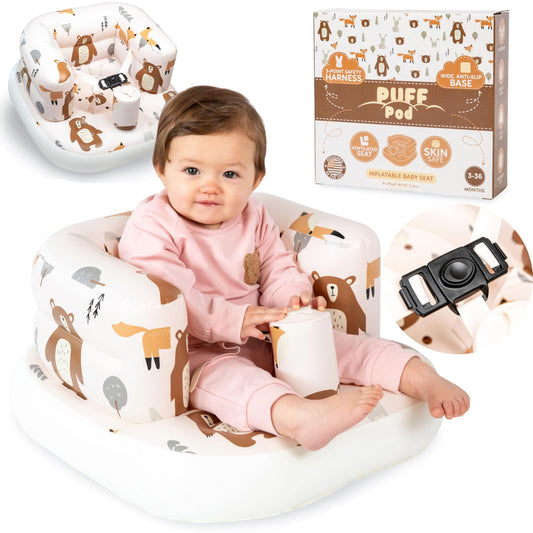Inflatable Baby Chair with Safety Harness, Built-In Pump & Non-Slip Base, Infant Sit Up Seat for 3-36 Months, Portable Travel Seat, Easy to Clean