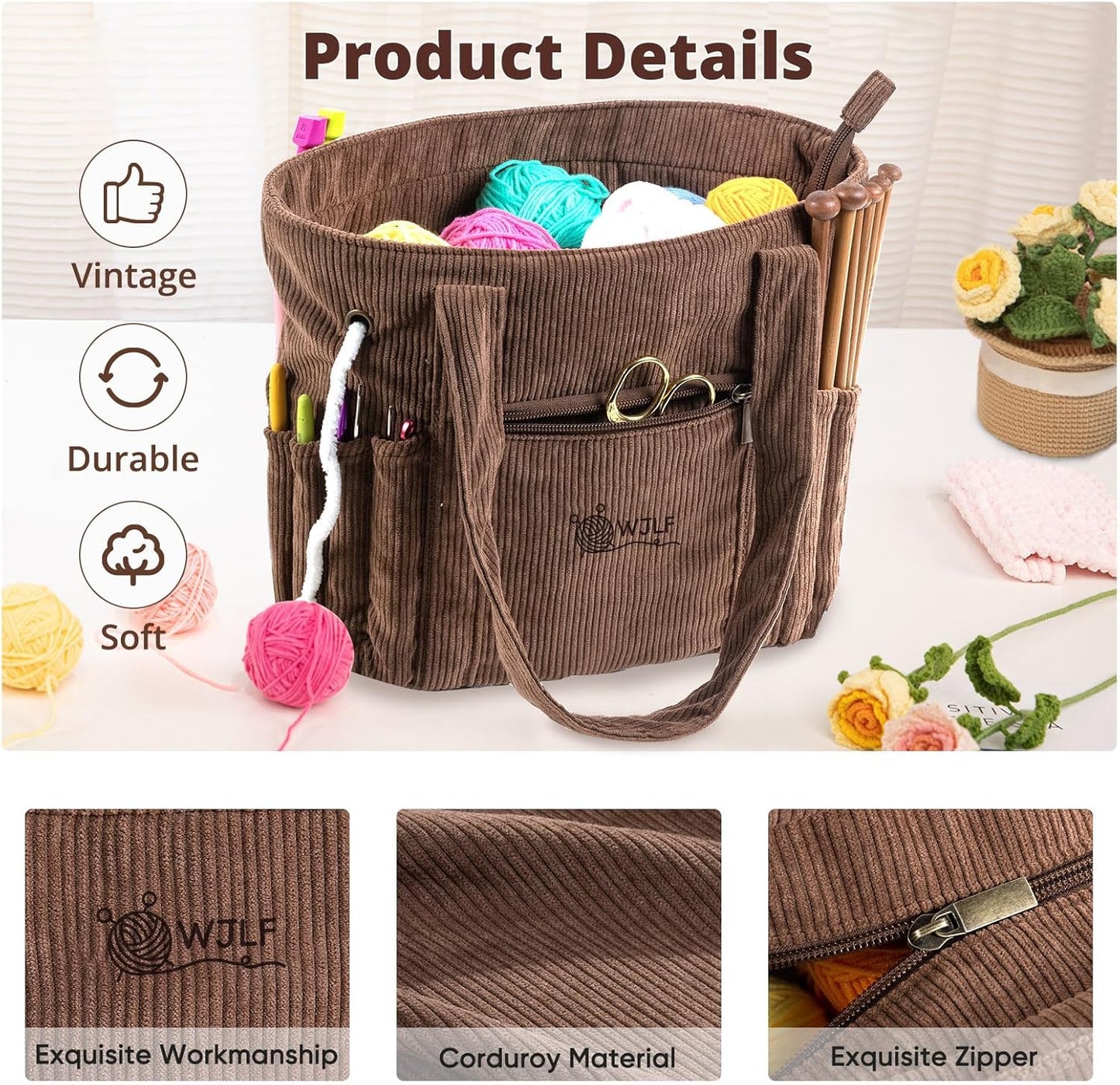 Corduroy Crochet Tote & Yarn Organizer, 4 Grommets, 8 Hook Slots, 4 Inner & 4 Outer Pockets, Zipper Top, 10.5" x 6.5" x 9.5", 1.32 gal/5 L, Vintage Metal Accents