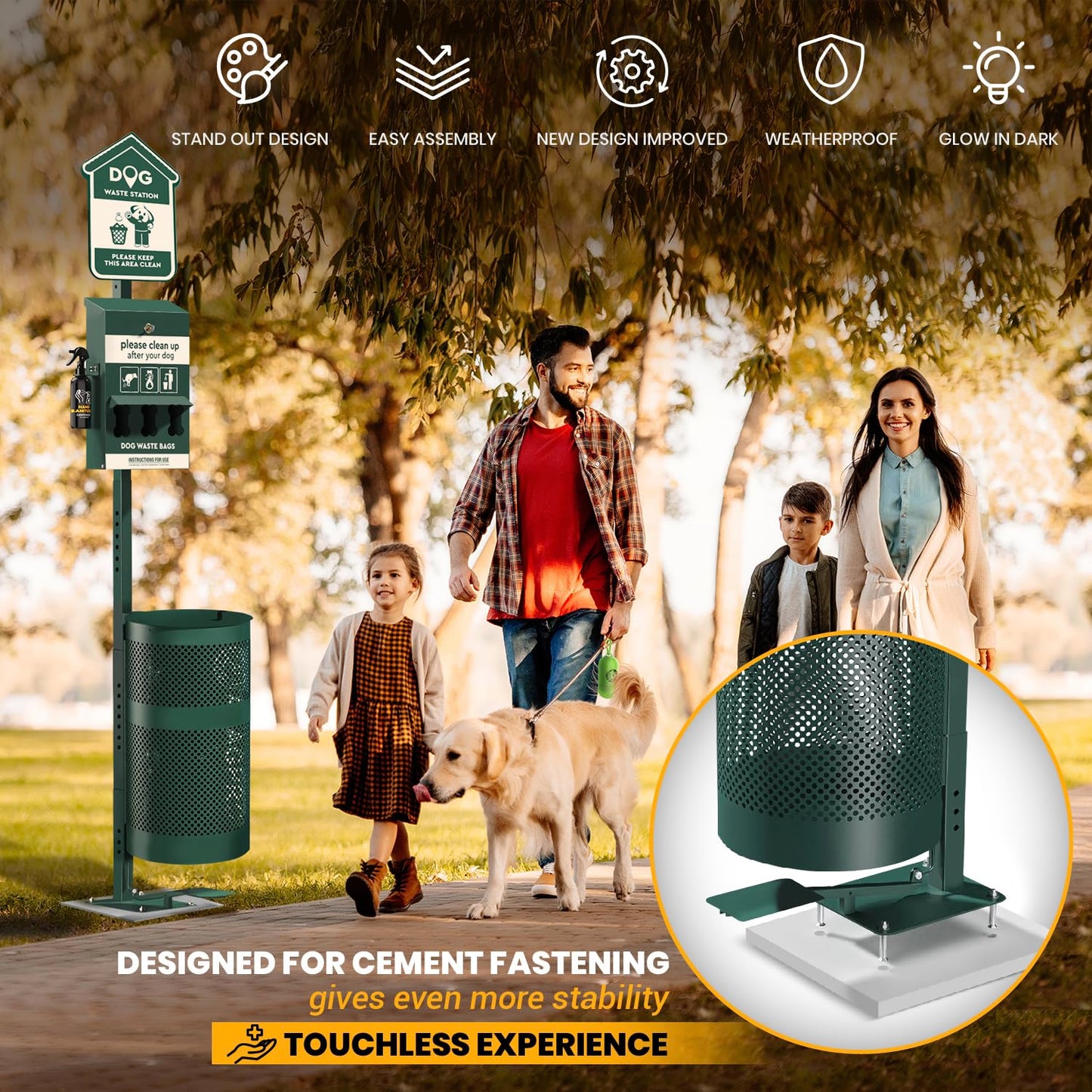 Outdoor Dog Waste Station with Hand Sanitizer, Bag Dispenser, Covered Bin, Sign, 600 Roll Bags, 50 Can Liners for Parks, Yards & HOAs