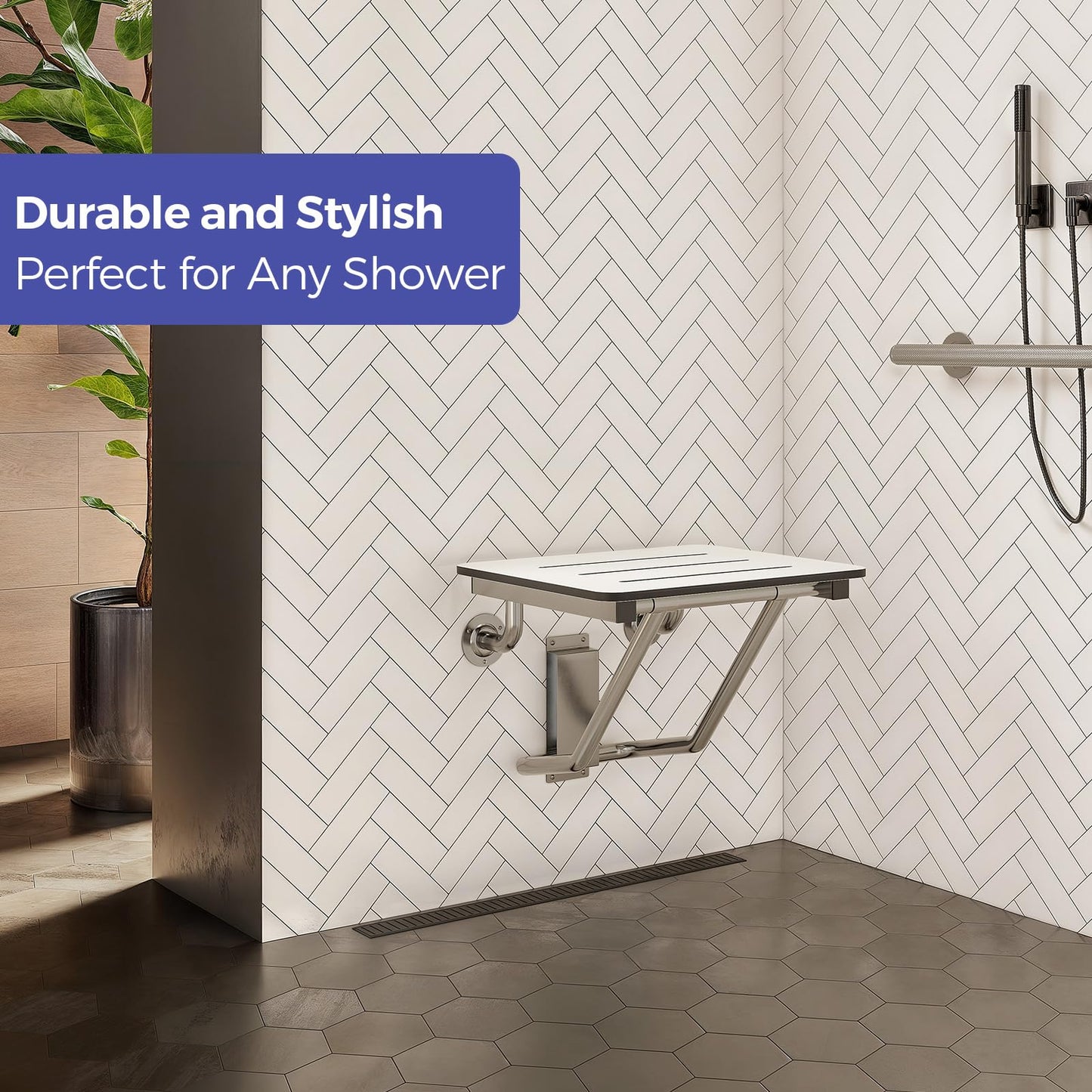 ADA Compliant White Folding Shower Seat Bench, 18 x 16 Inch Wall Mount Phenolic Bathroom Chair, 400 lb Capacity