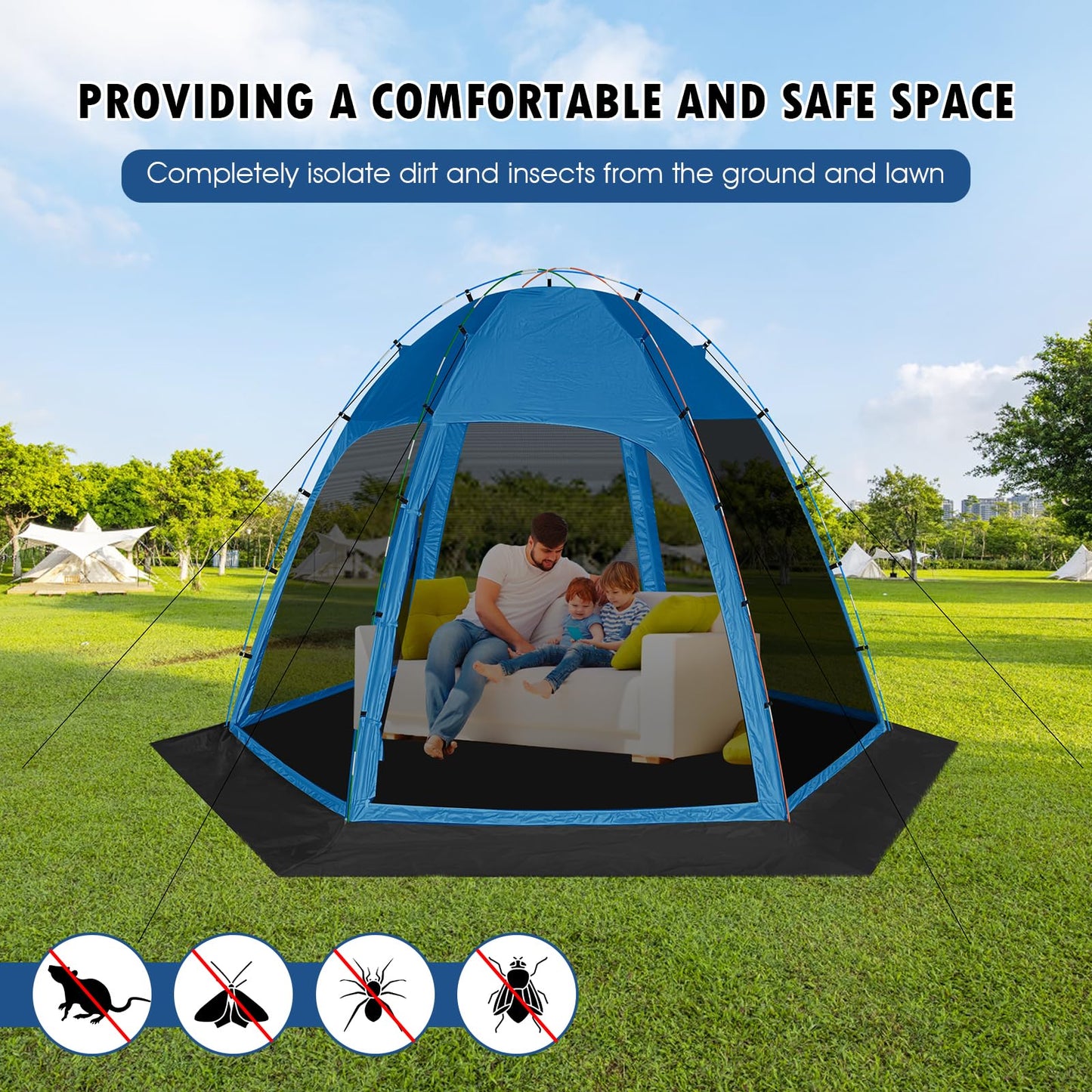 Six-Sided Screen Tent with Removable Floor, 11.8ft x 11.8ft Outdoor Gazebo Canopy with Mosquito Netting, Blue