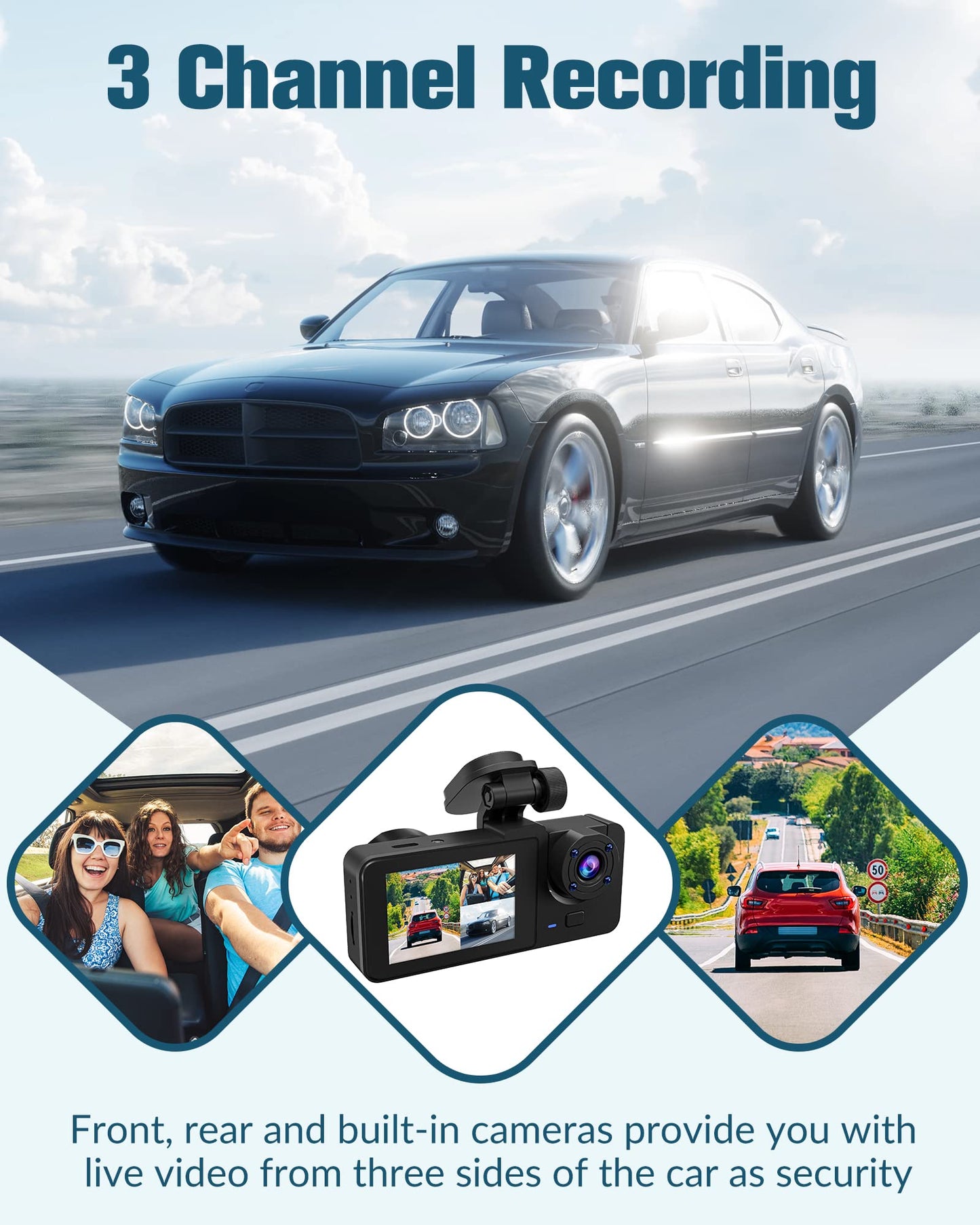 3 Channel Dash Camera for Cars - 4K UHD Front, Rear, and Inside Cabin Triple Dash Cam with 32GB SD Card and IR Night Vision