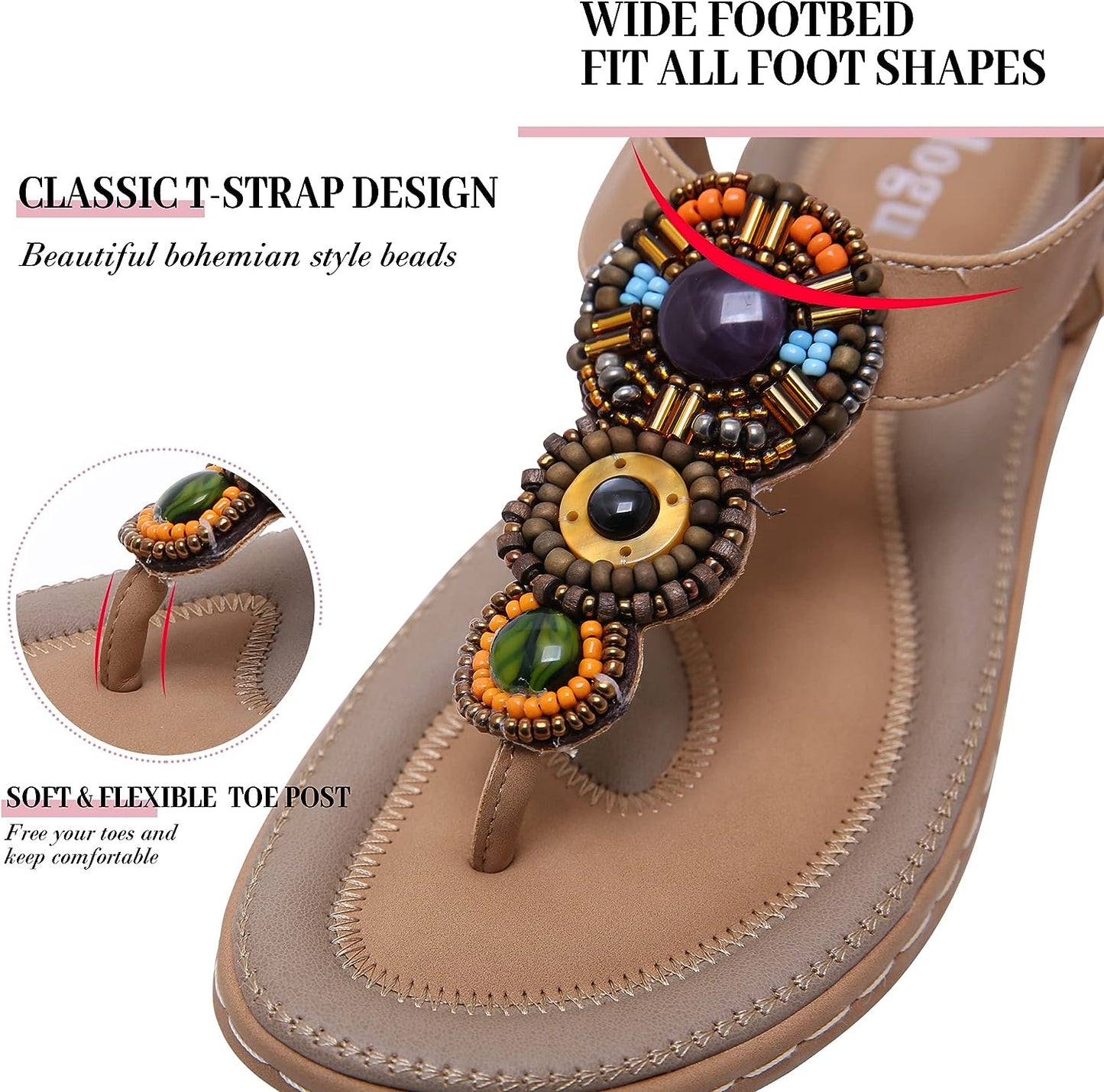 Apricot T-Strap Boho Beads Beach Sandals/Flats