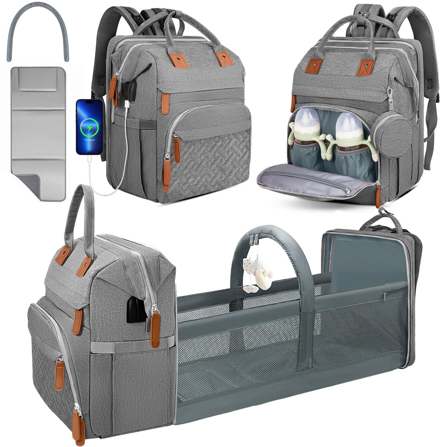 Diaper Bag Backpack with Changing Pad and Insulated Bottle Holders - Grey