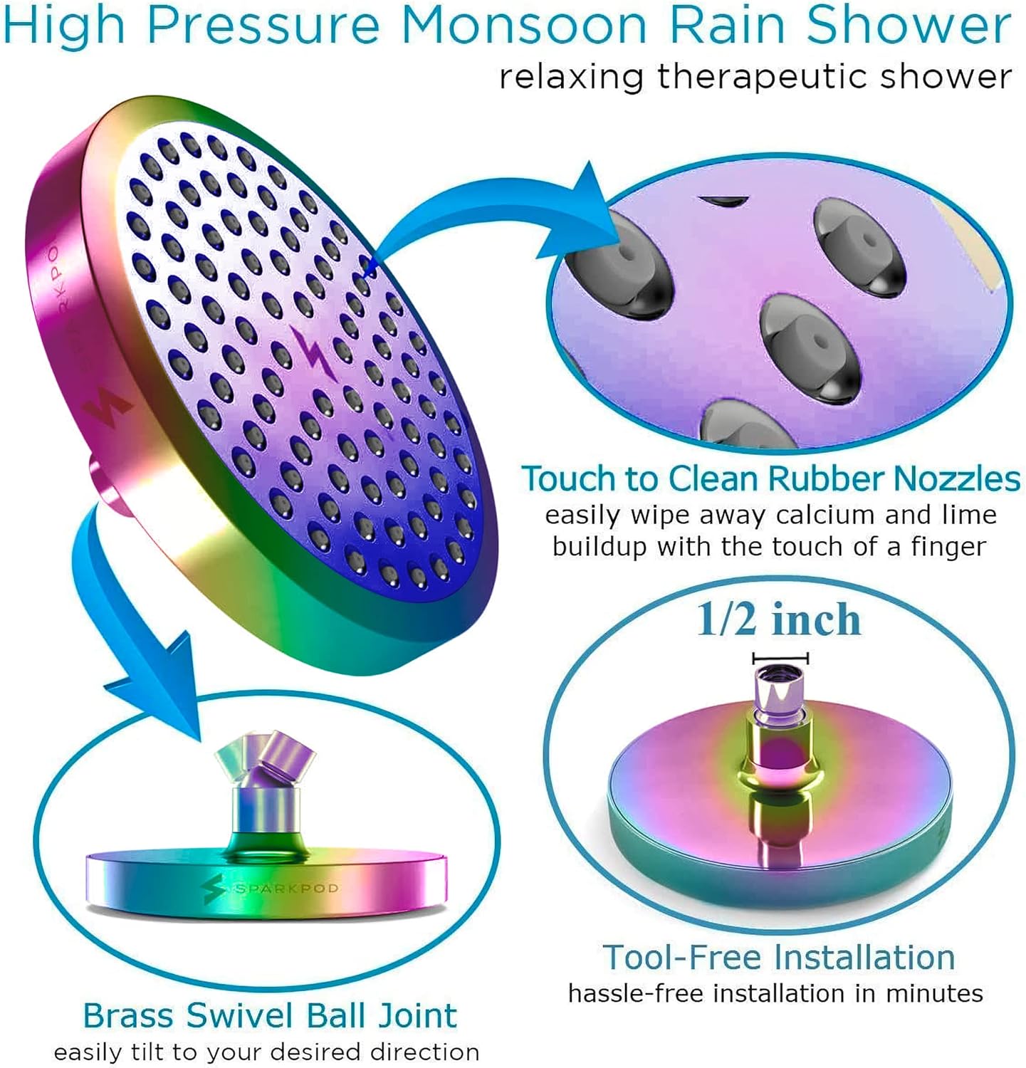 Experience Luxurious Showers with Radiant Rainbow 6 Inch High Pressure Rain Shower Head - Easy Installation & Energy Efficient