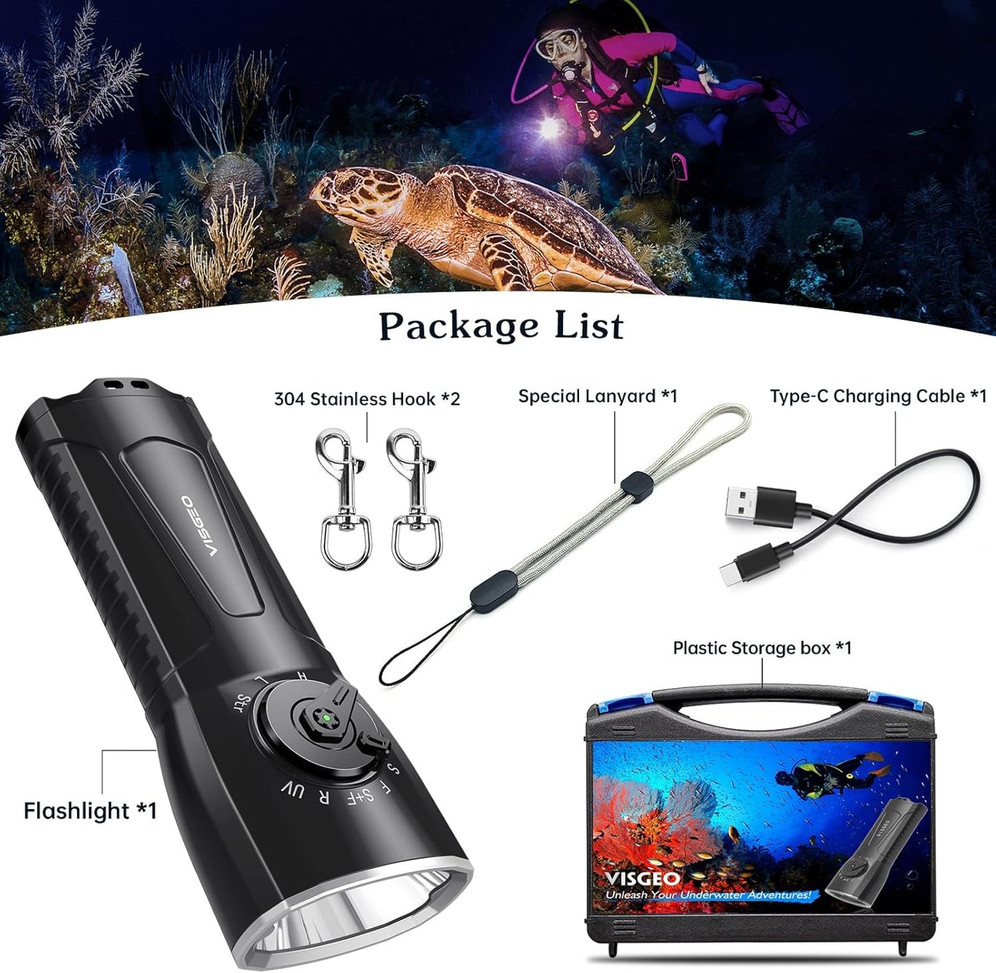 High-Power Scuba Diving Flashlight, 6500 Lumens, 10000mAh Rechargeable Battery, 150m Depth