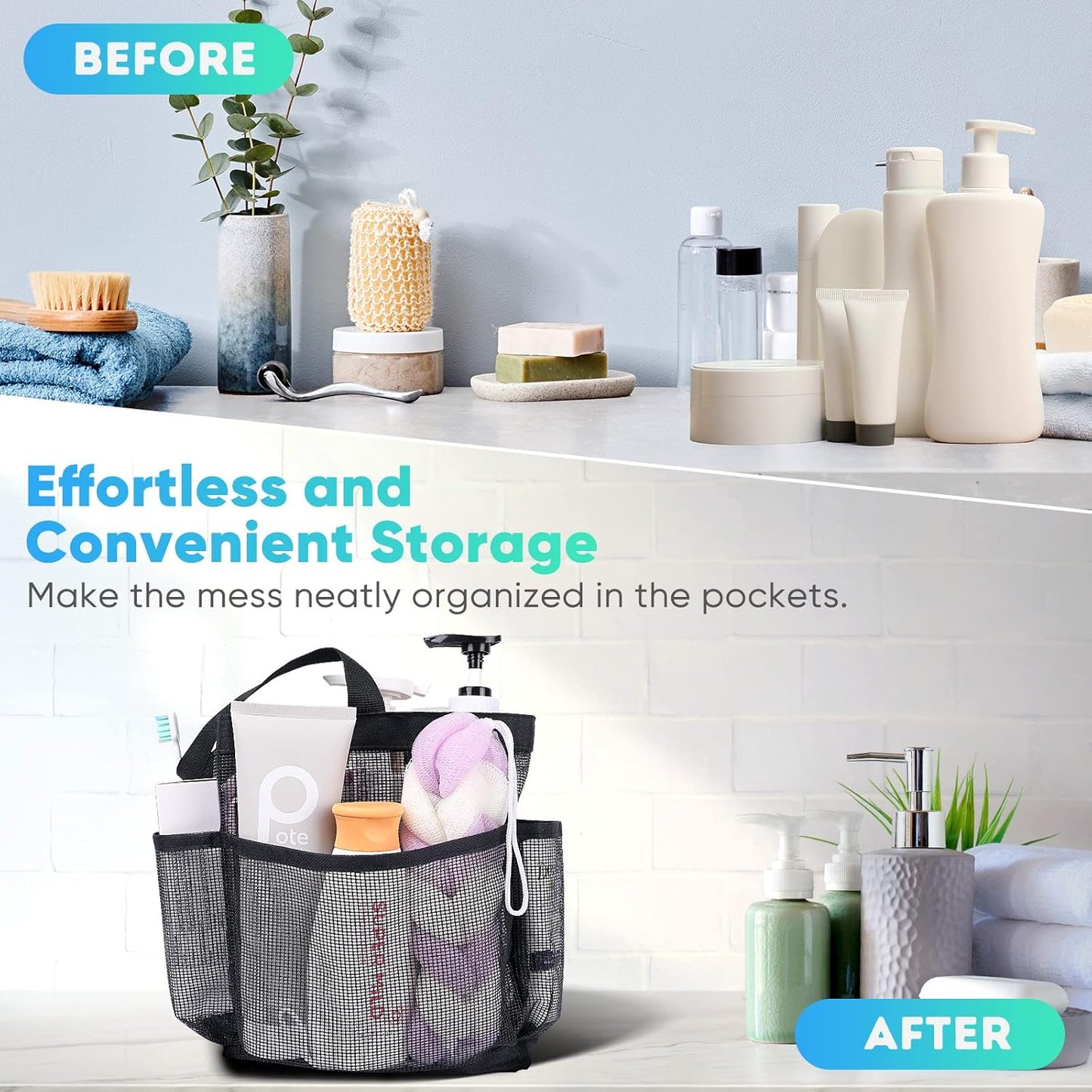 Durable Mesh Shower Caddy with 8 Pockets, Quick Dry - Perfect for College, Beach, Gym, and Travel