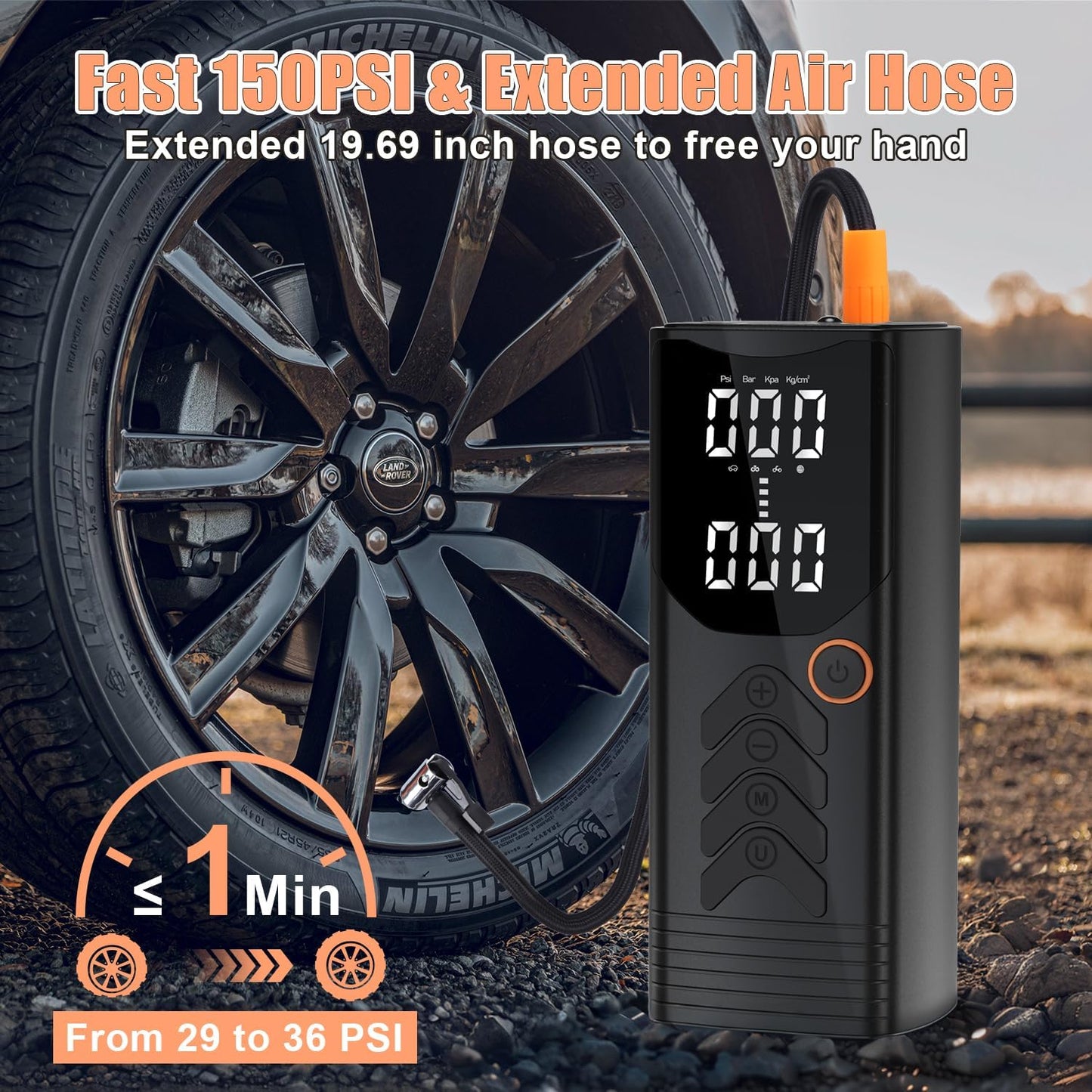 150PSI Portable Tire Inflator with Auto Shutoff & LED Light - Perfect for Cars, Bikes, & Motorcycles