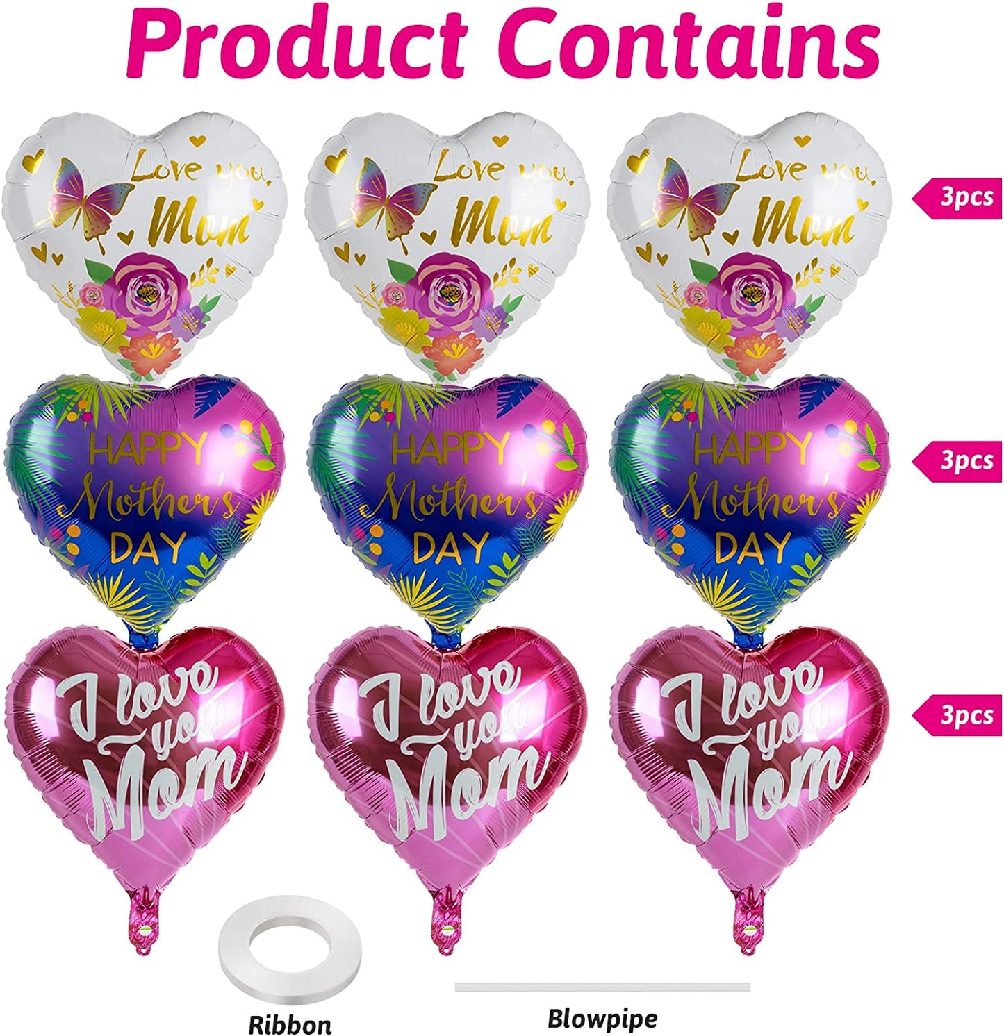 9pk 18" Mother's Day Foil Balloons Balloons w/ Ribbon