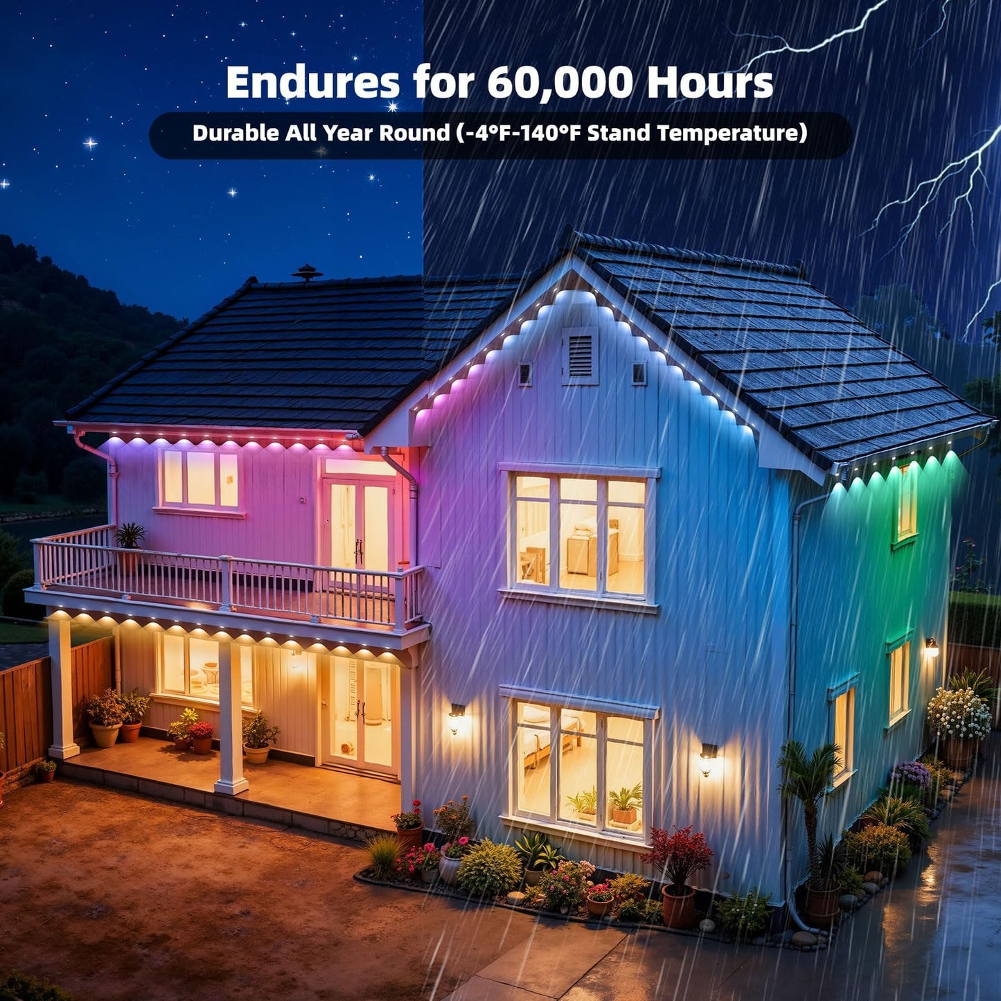 150ft Permanent Outdoor Lights with 72 RGB+IC Smart LED Eave Lighting, IP67 Waterproof, Works with Alexa and Google Assistant