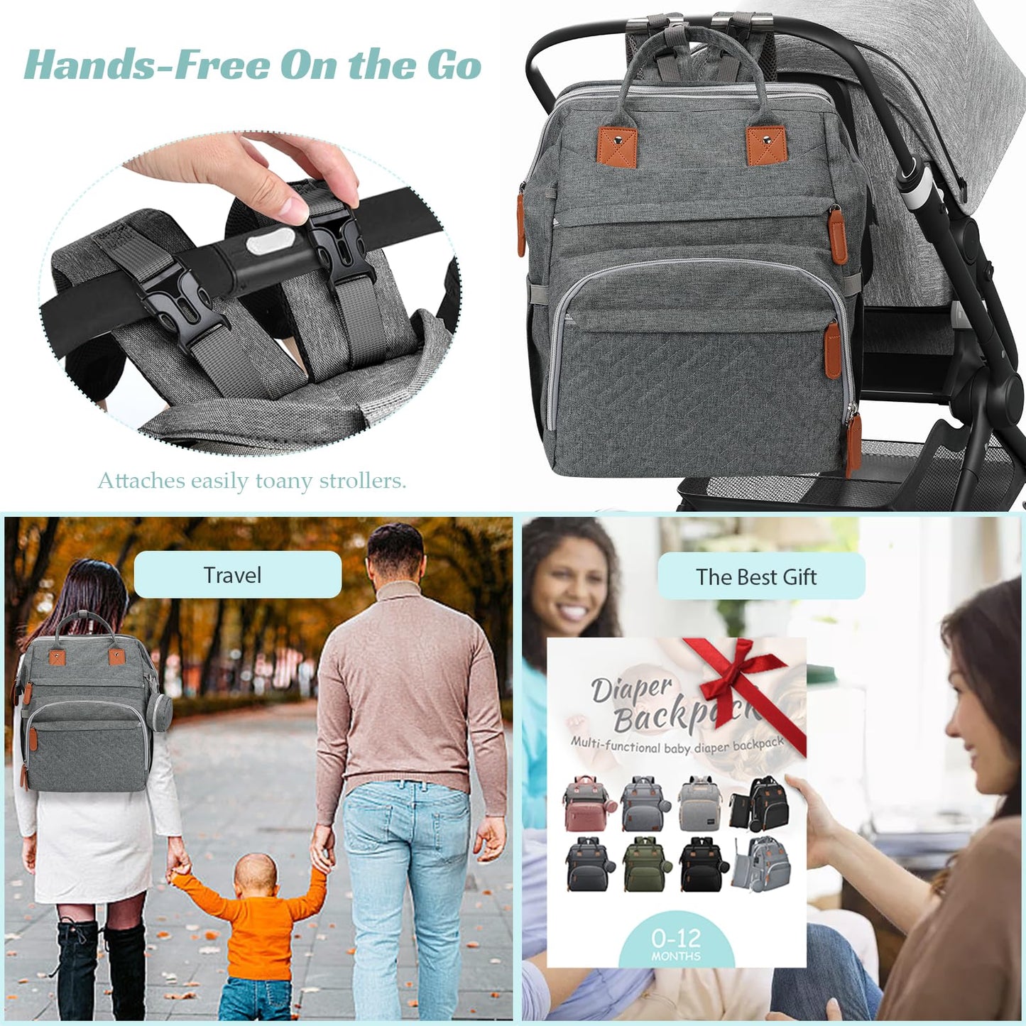 Diaper Bag Backpack with Changing Pad and Insulated Bottle Holders - Grey