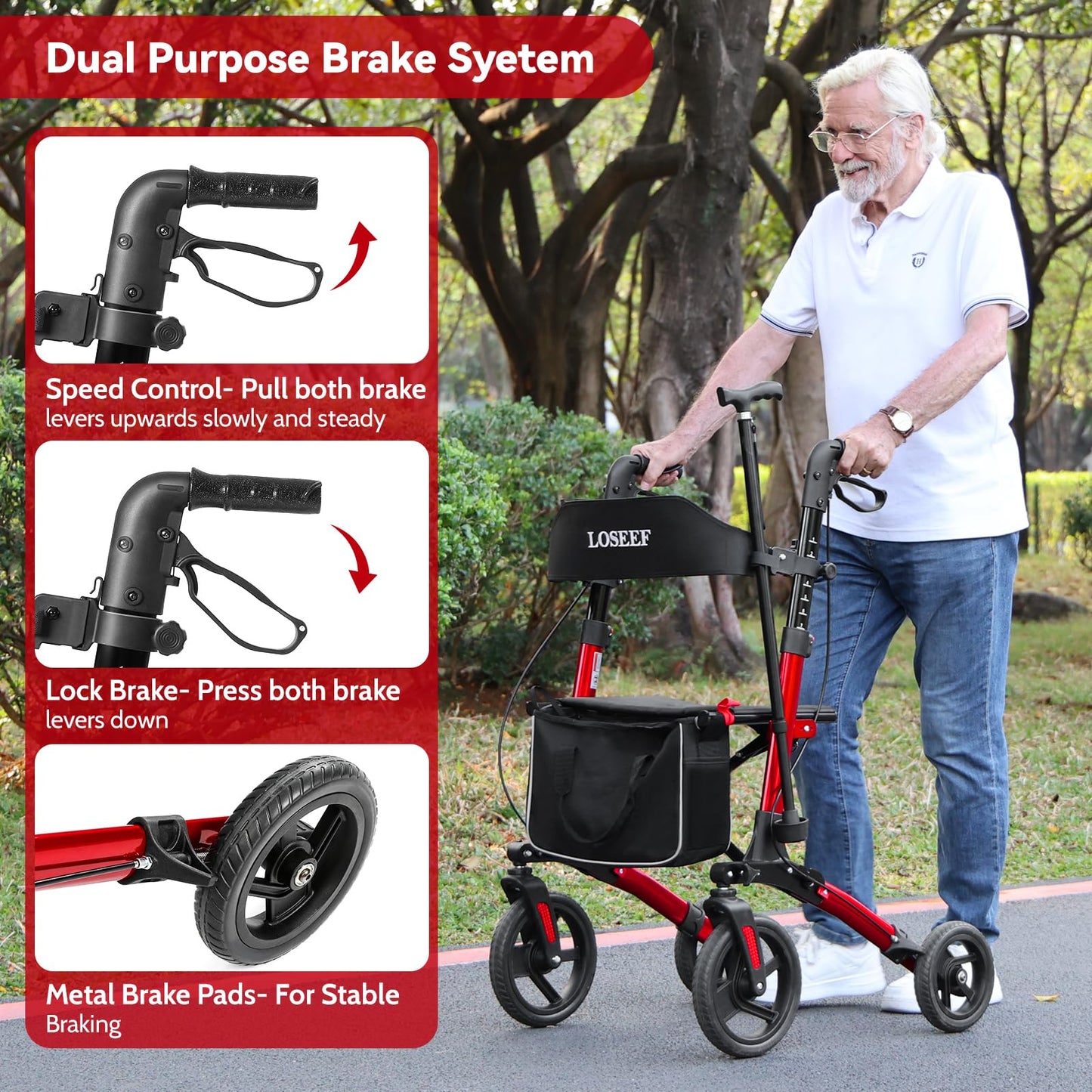 Portable Folding Walker with Mesh Seat, 350lb Capacity, 10-Inch Wheels - Red