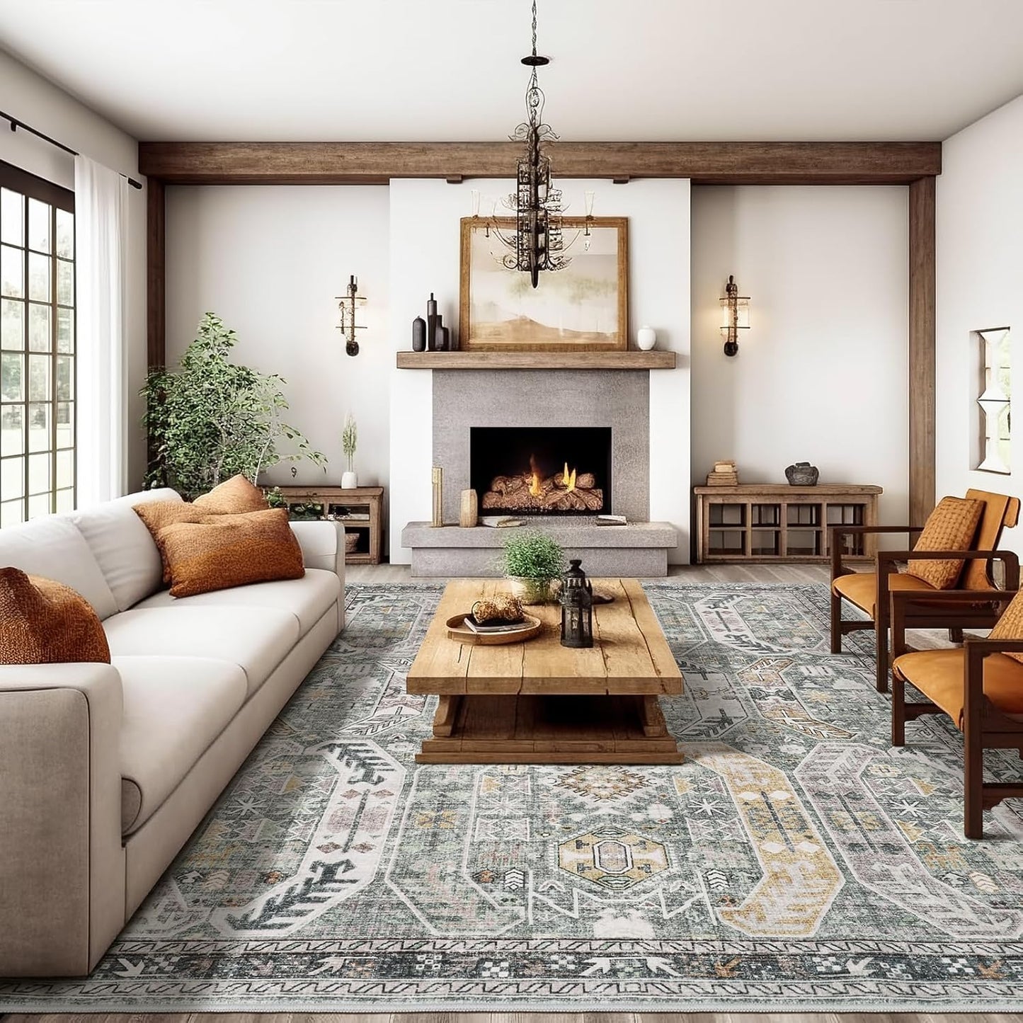 4x6 Non-Slip Washable Rug for Living Room & Bedroom, Stain Resistant & Lightweight (Green/Gold)