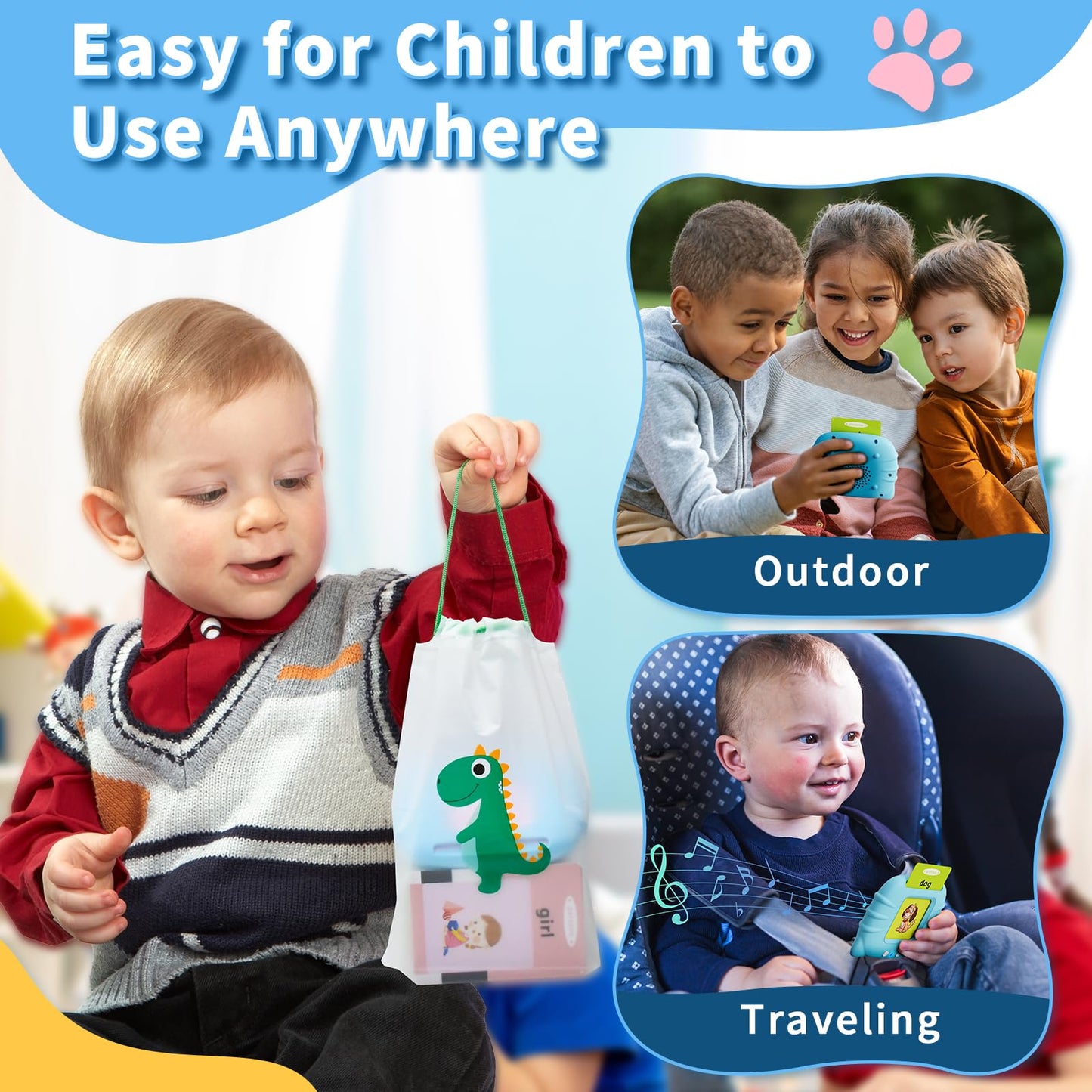 Toddler Talking Flash Cards Cat Reader, 248 Sight Words, Montessori Learning Toy, Animal & Vehicle Sounds, Rechargeable, Ages 1-6