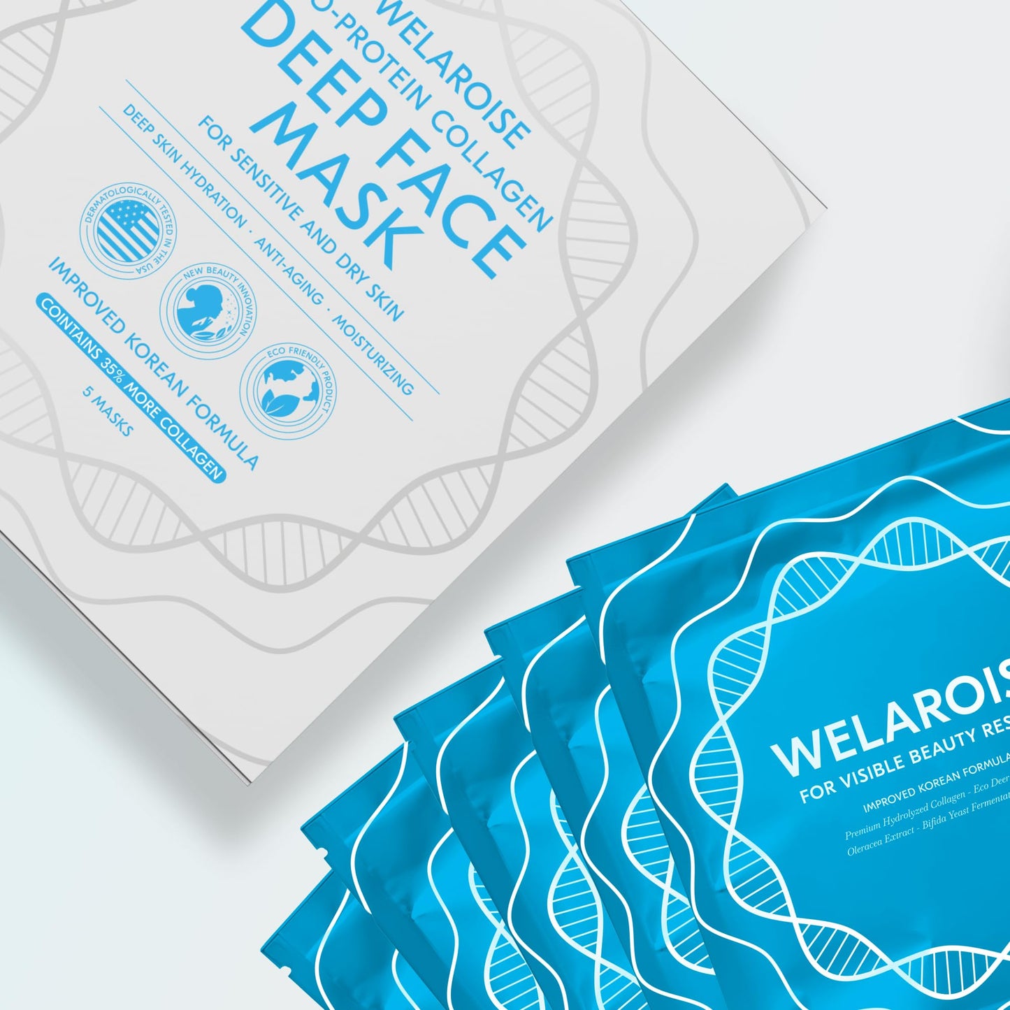 Collagen Hydrogel Face Mask Pack of 5, +35% More Collagen, Intense Hydration, Firming & Anti-Aging, Bio Protein, Bifida Ferment, Hyaluronate, Korean Skincare