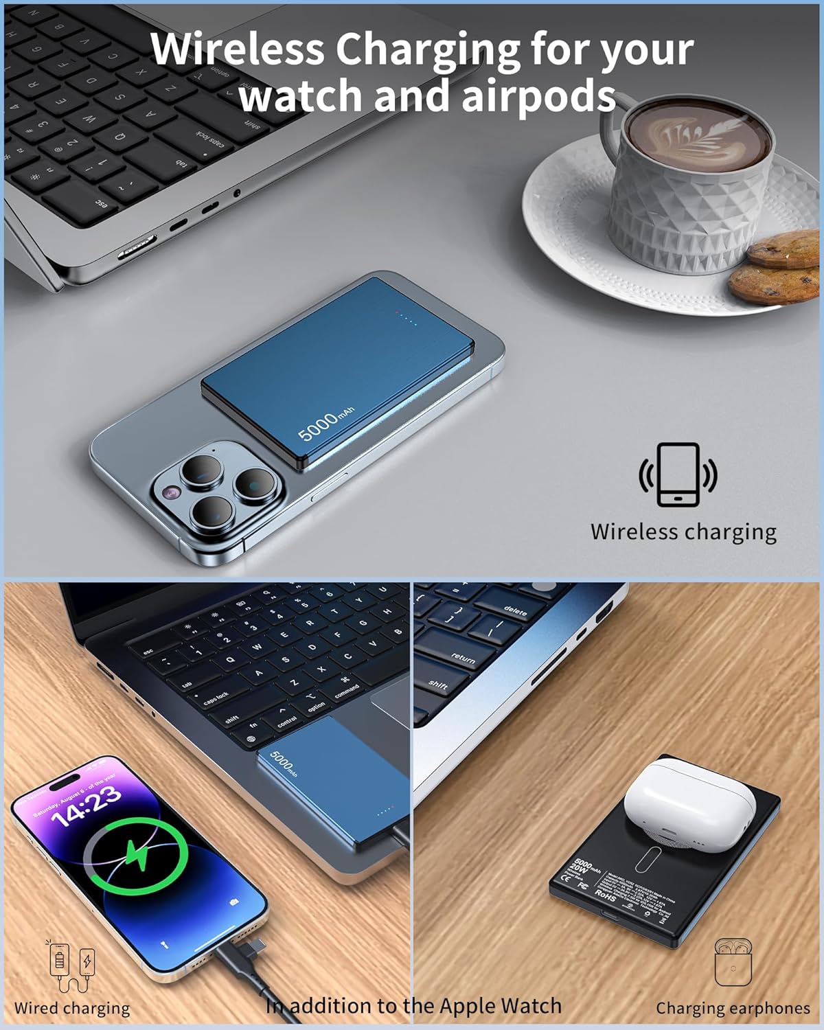 Magnetic Portable Charger 5000mAh, 0.29in Slim, 20W PD USB-C Two-Way, 7.5W/15W Wireless, Model AKD-YD52, Compatible with Phone 17/16/15/14/13 Series (Blue)