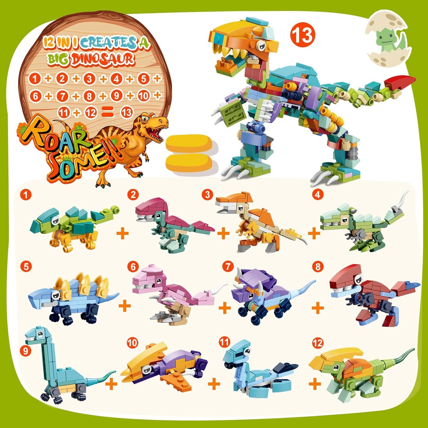 Valentine's Day Dinosaur Building Blocks for Kids: 24-Pack with Cards & Stickers
