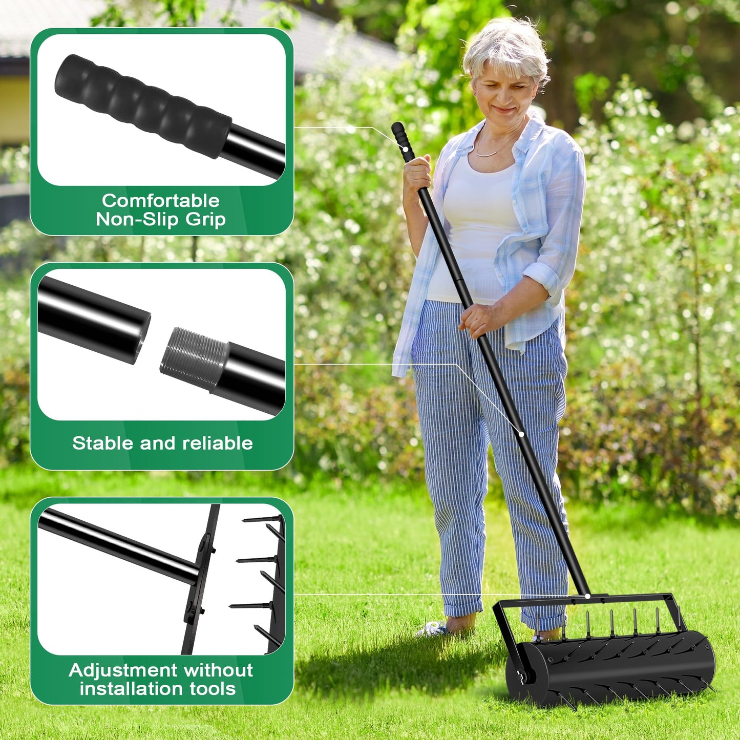 16-inch Rolling Lawn Aerator with 47-inch Adjustable Handle - Heavy Duty Manual Soil Penetrator Spikes for Garden and Yard Maintenance