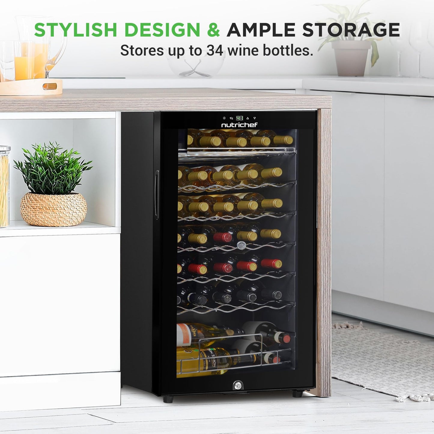 34-Bottle Wine Fridge Single Zone Wine Chiller for Red and White Wine - Black