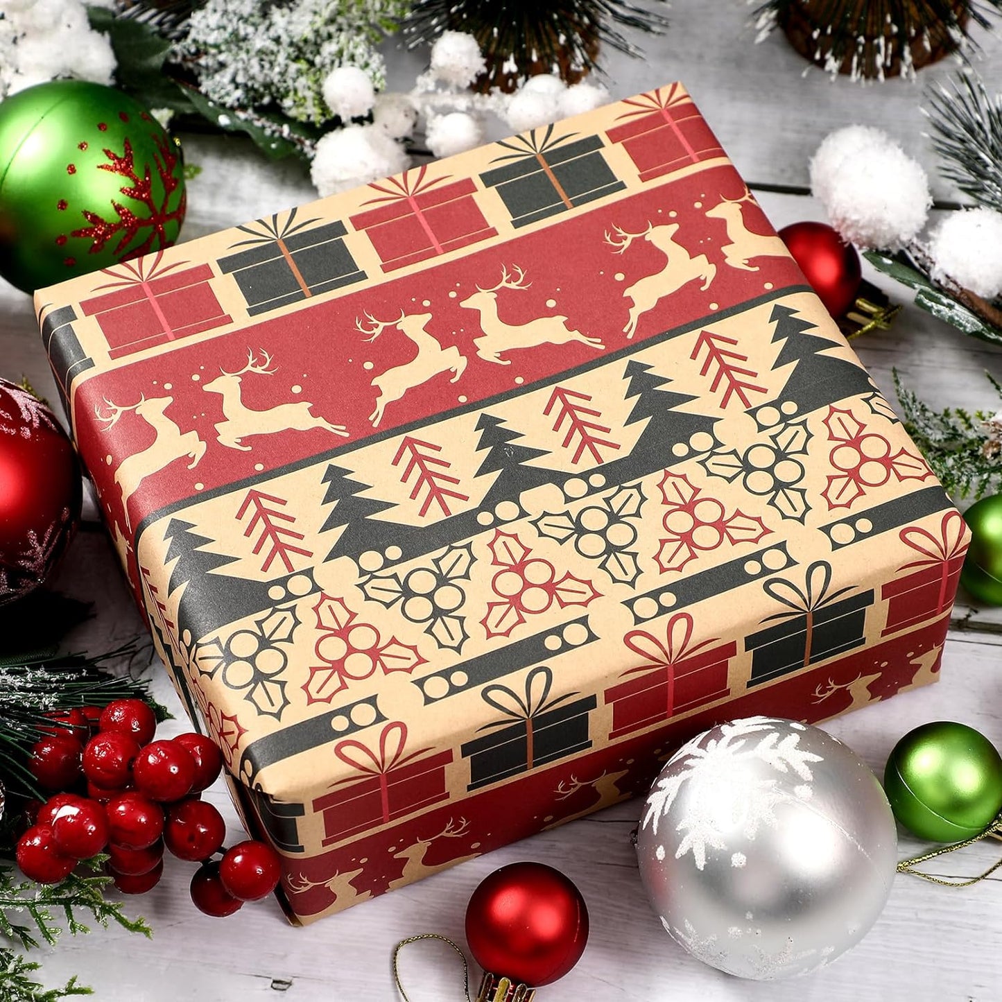 Premium Christmas Wrapping Paper Set - 12 Sheets of Kraft Paper with Festive Red & Green Designs, 20x29" Each for Holiday Gifts