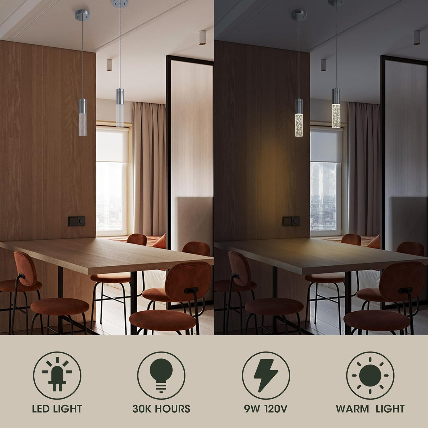 2-Pack Chrome Crystal Pendant Lights - Dual Modern LED Fixtures for Kitchen & Dining, 11.8”-52” Adjustable